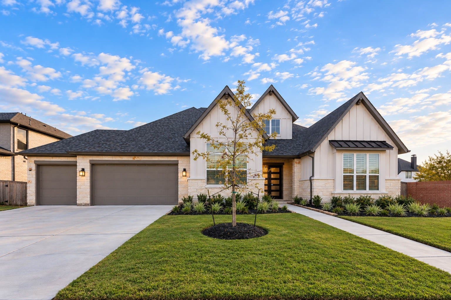 4839 Summer Place Court, Fulshear, TX 77441 Charming modern farmhouse with a spacious three-car garage, beautifully landscaped front yard, and inviting entryway, perfect for comfortable living.