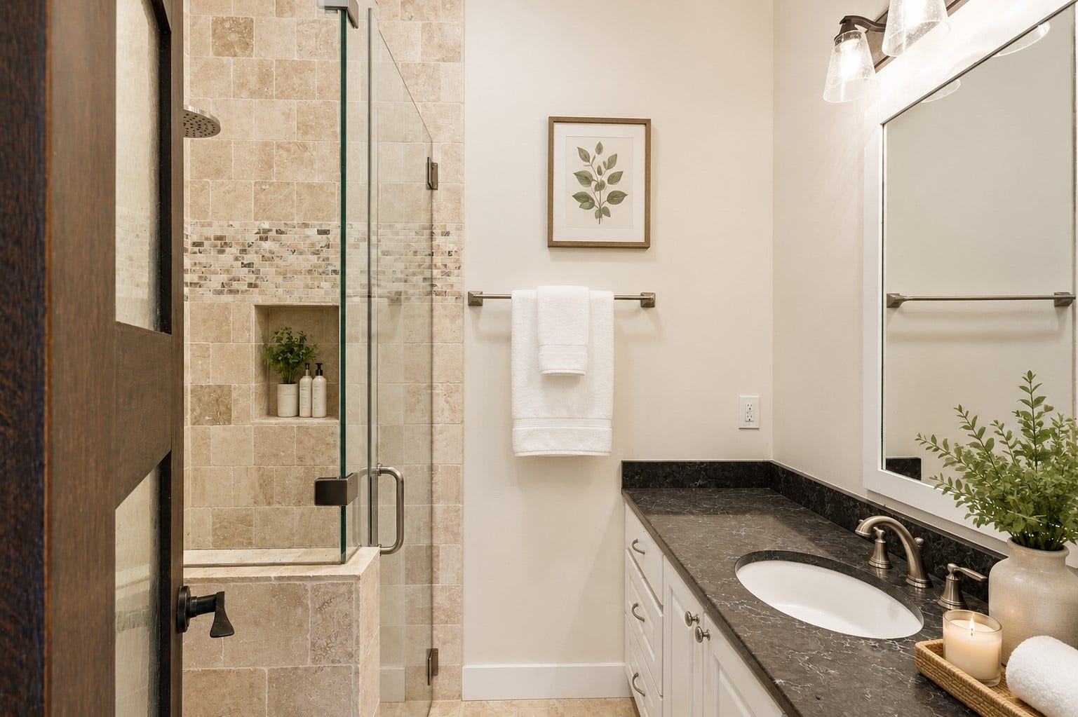 7 Pastoral Pond Circle, The Woodlands, TX 77380 This full bathroom is located directly off the summer kitchen, serving as a convenient pool bath, virtually staged