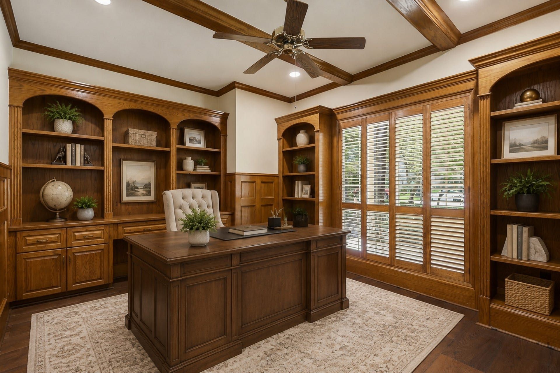 7 Pastoral Pond Circle, The Woodlands, TX 77380 Virtually staged Office with shutters and built in book cases