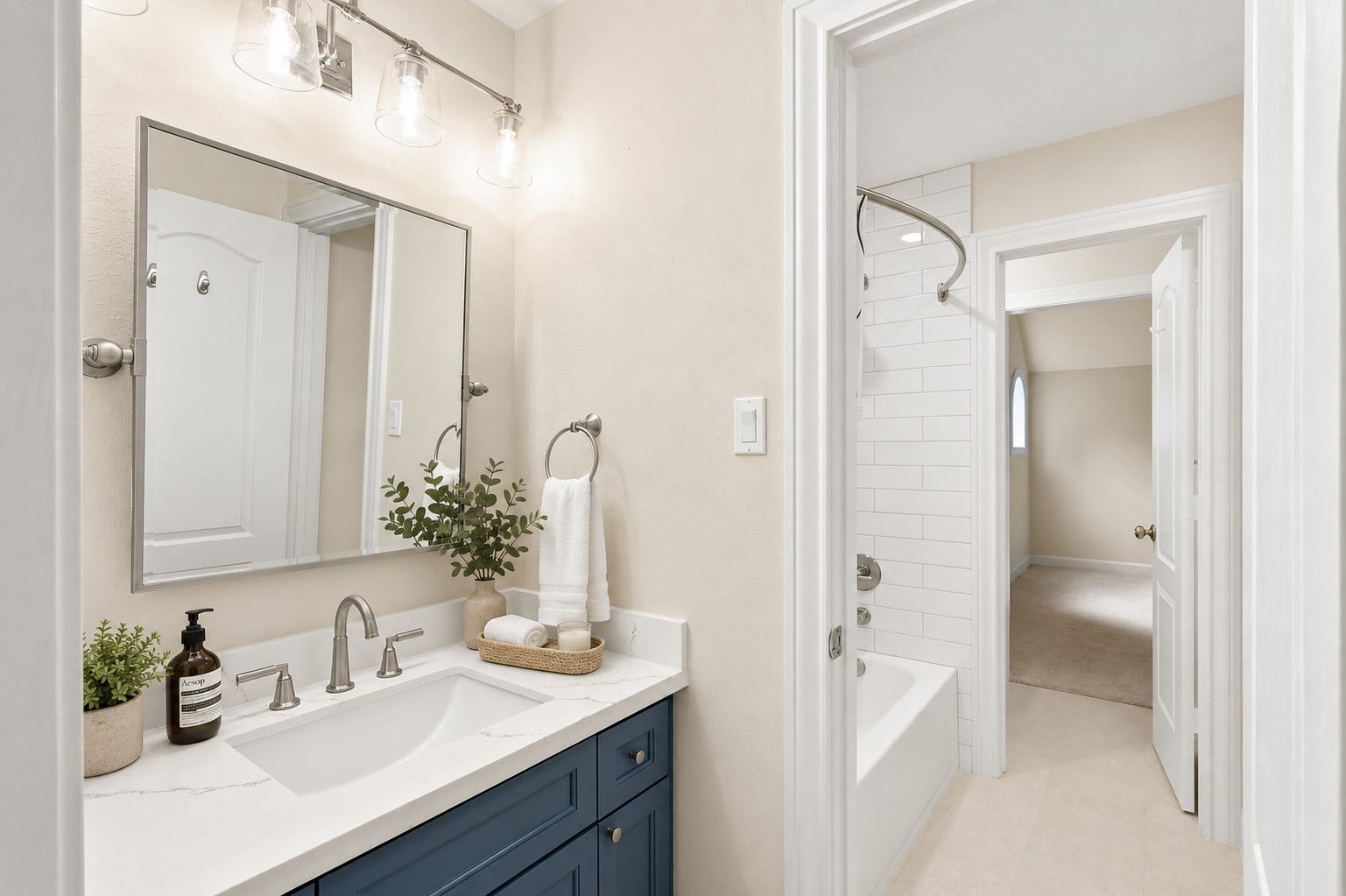 7 Pastoral Pond Circle, The Woodlands, TX 77380 Virtually staged Vanity area in the Hollywood-style bathroom