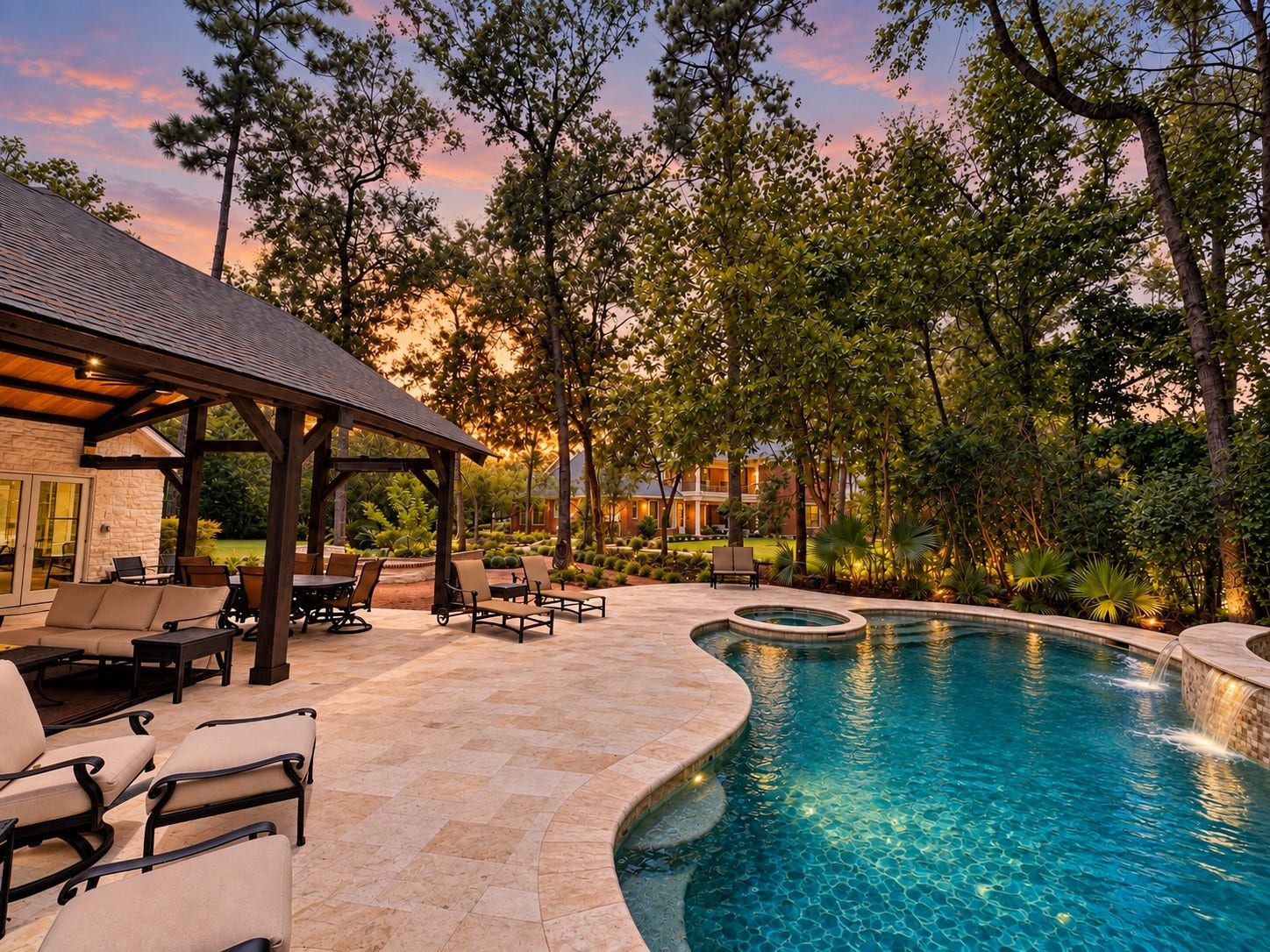 7 Pastoral Pond Circle, The Woodlands, TX 77380 Enhanced twilight view of pool, pavillion, guest house with main house in the background