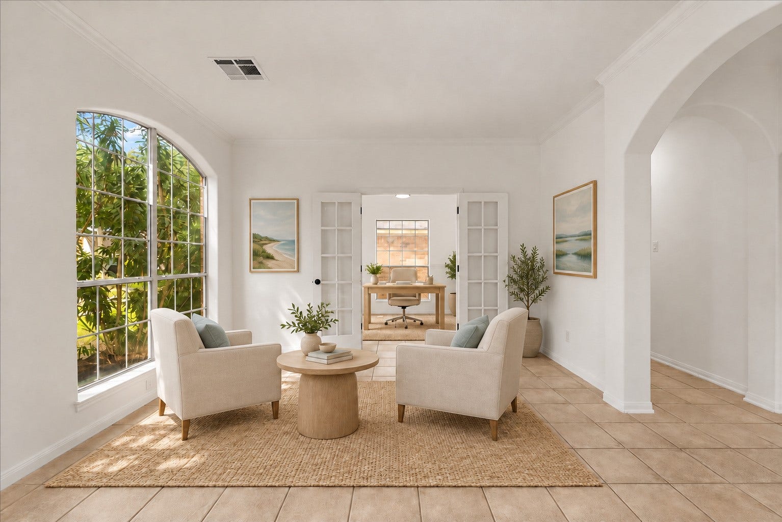 311 Lake Front Drive, League City, TX 77573 Formal living room with French doors opening to a private study/bedroom. Virtually staged.