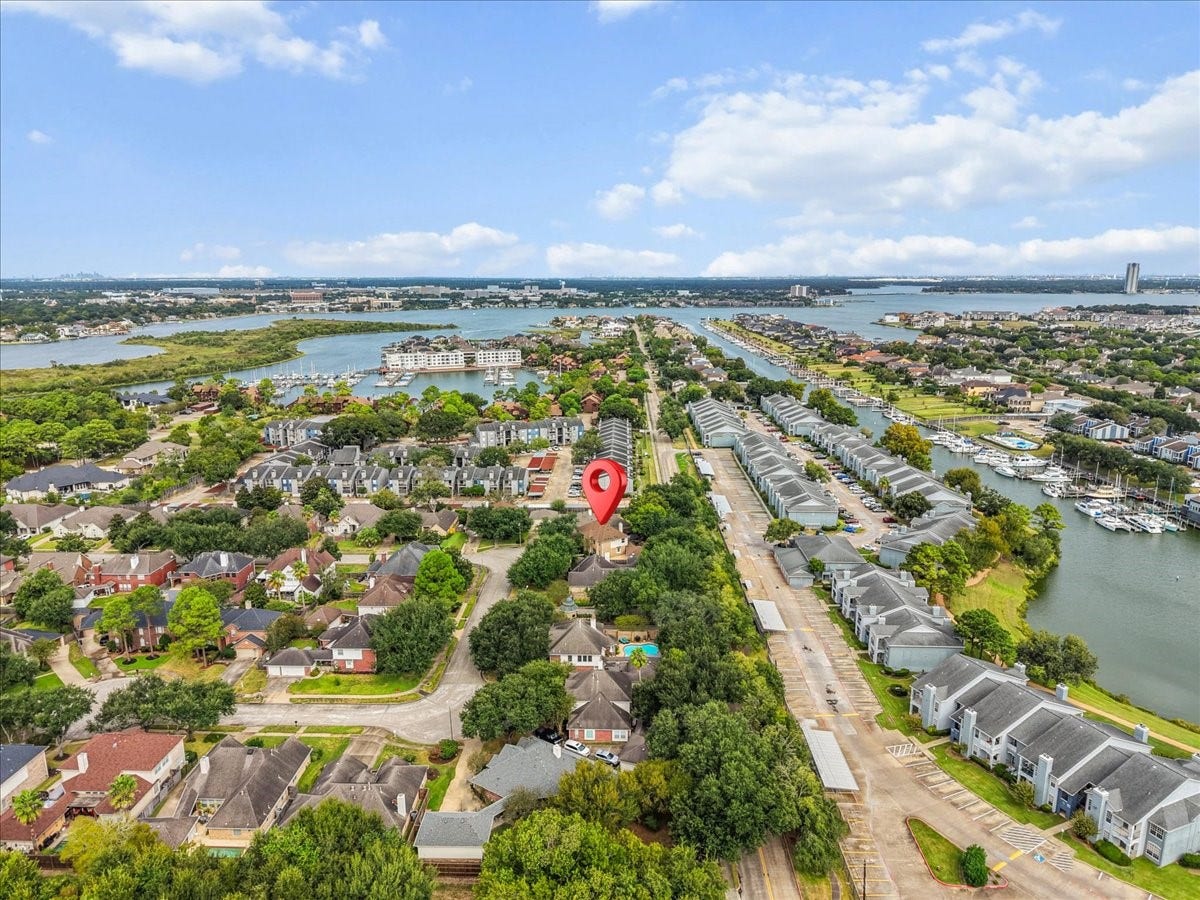 311 Lake Front Drive, League City, TX 77573 Aerial view showing the home just minutes from the marina and open water.