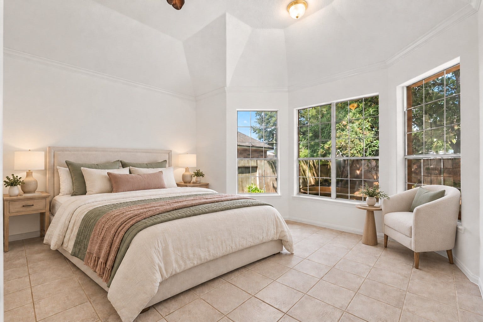 311 Lake Front Drive, League City, TX 77573 Tranquil primary bedroom with a bay window sitting area overlooking the backyard. Virtually staged.