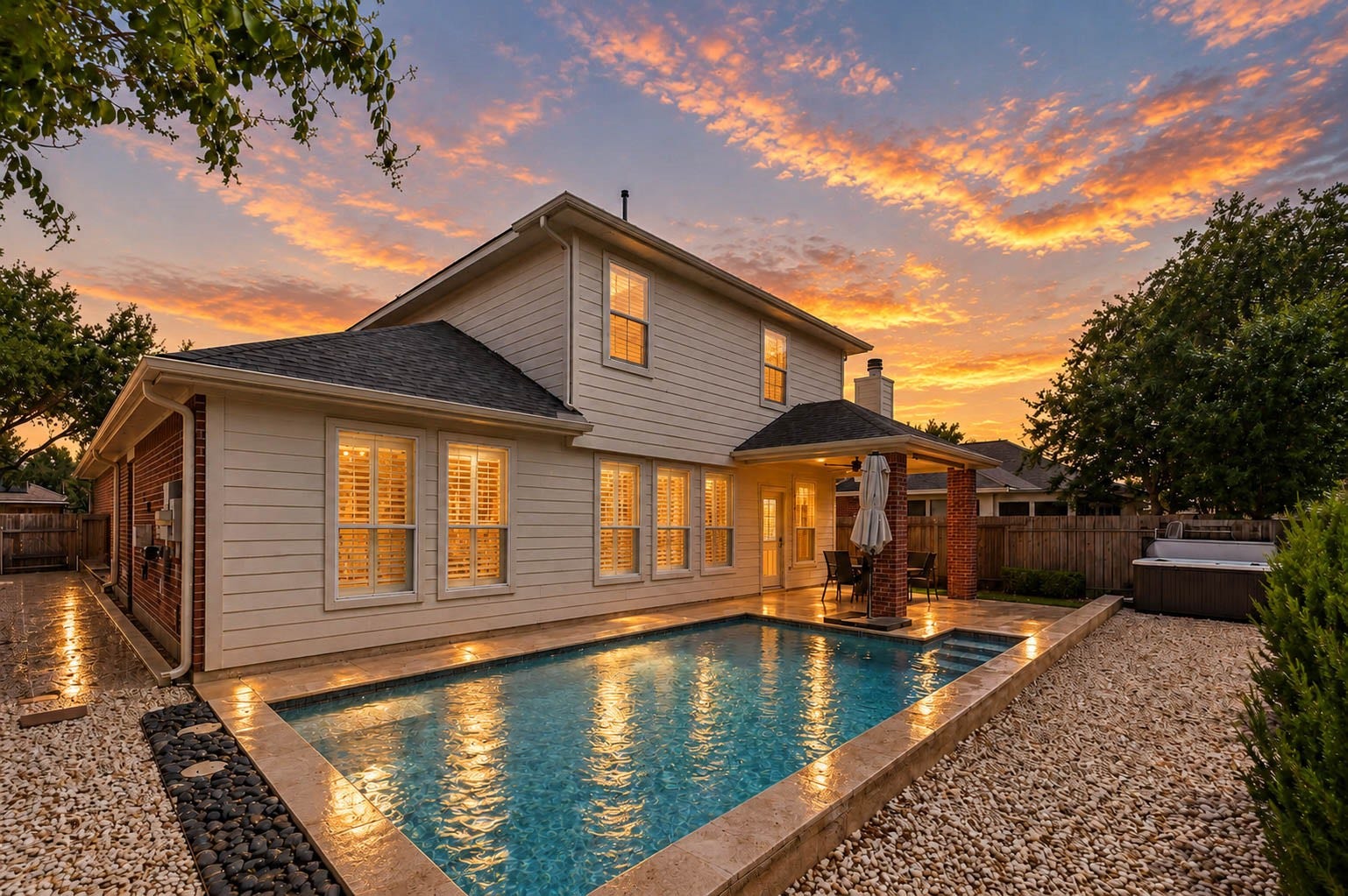 The backyard transforms into a private retreat after sunset, with the sparkling pool beautifully illuminated against the home. A covered patio provides a comfortable place to relax outdoors.