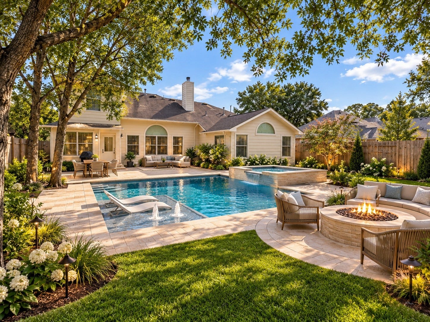 127 N Hawthorne Hollow Circle, The Woodlands, TX 77384 Room to breathe and room to dream. Pool, spa and firepit shown are a rendering and are not currently installed.