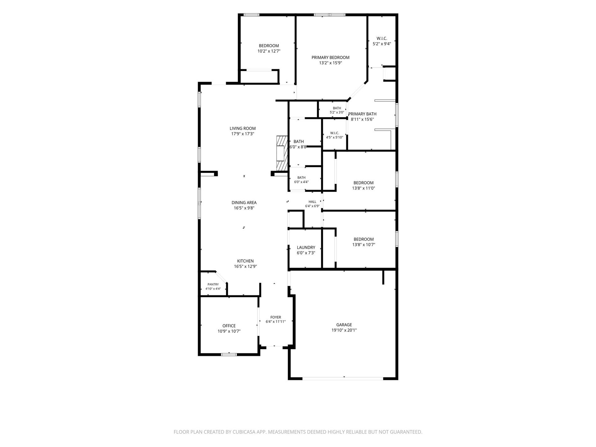 12906 Millstream Bend Lane, Tomball, TX 77377 Single-level floor plan featuring a large living room, open dining area, and well-appointed kitchen. Includes three bedrooms, two baths, a primary suite with a walk-in closet, an office, and a convenient laundry room. Attached garage offers ample storage space.