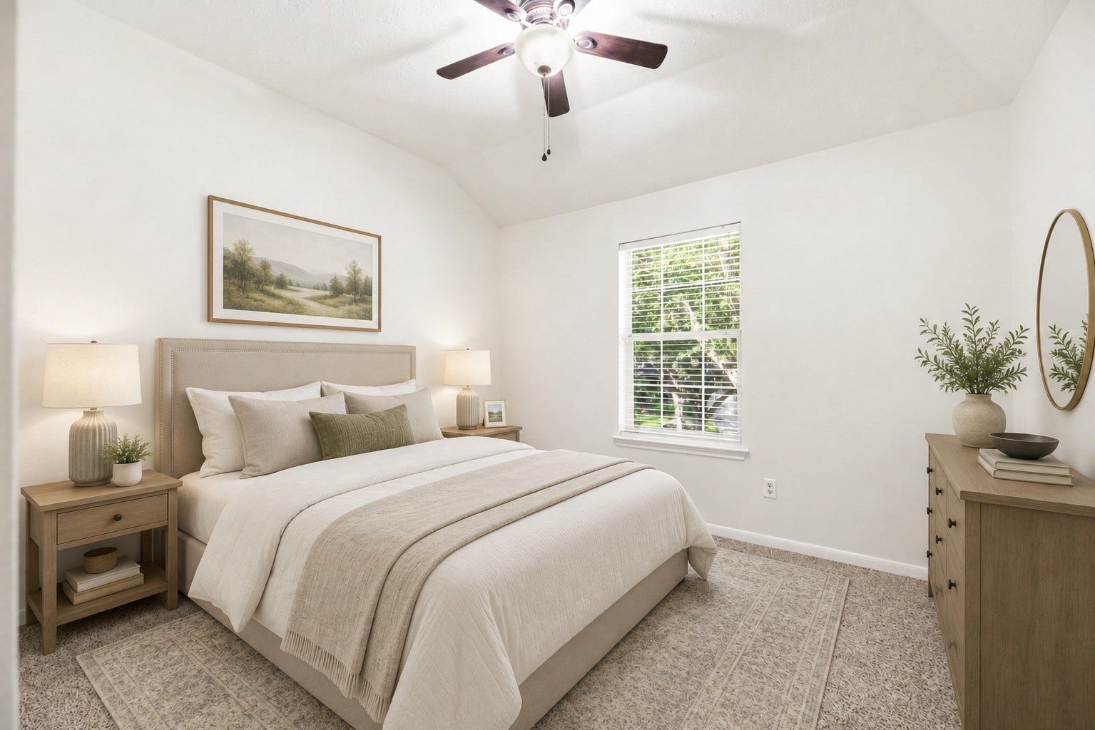 3422 Powell Way, Missouri City, TX 77459 Spacious secondary bedroom with brand new carpet, a ceiling fan, and fresh paint. *virtually staged