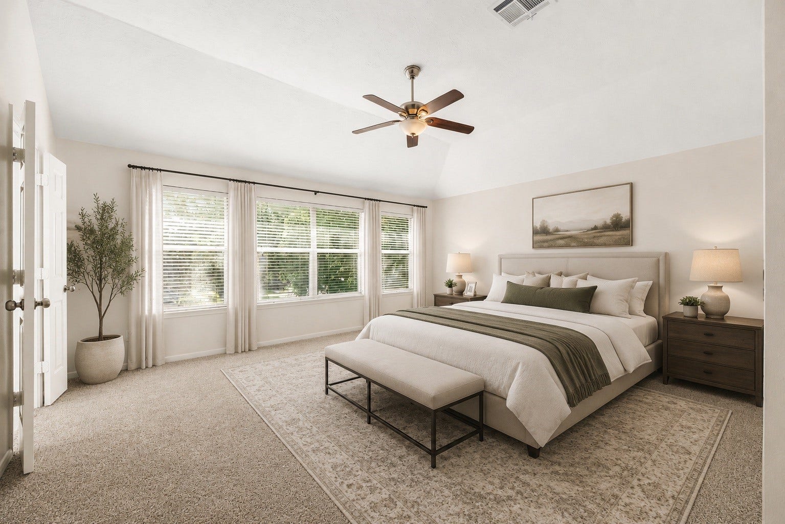 3422 Powell Way, Missouri City, TX 77459 Large and bright primary suite, featuring an abundance of light from large windows, brand new carpet, fresh paint, and ceiling fan. *virtually staged*