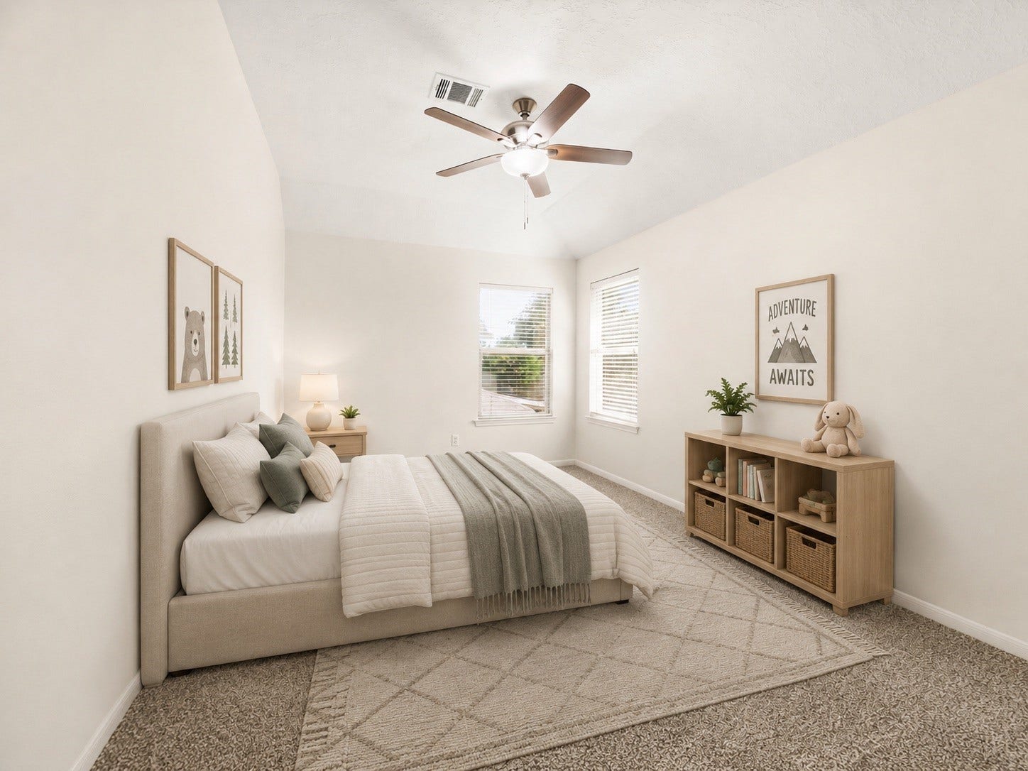 3422 Powell Way, Missouri City, TX 77459 Spacious secondary bedroom with brand new carpet, a ceiling fan, and fresh paint. *virtually staged