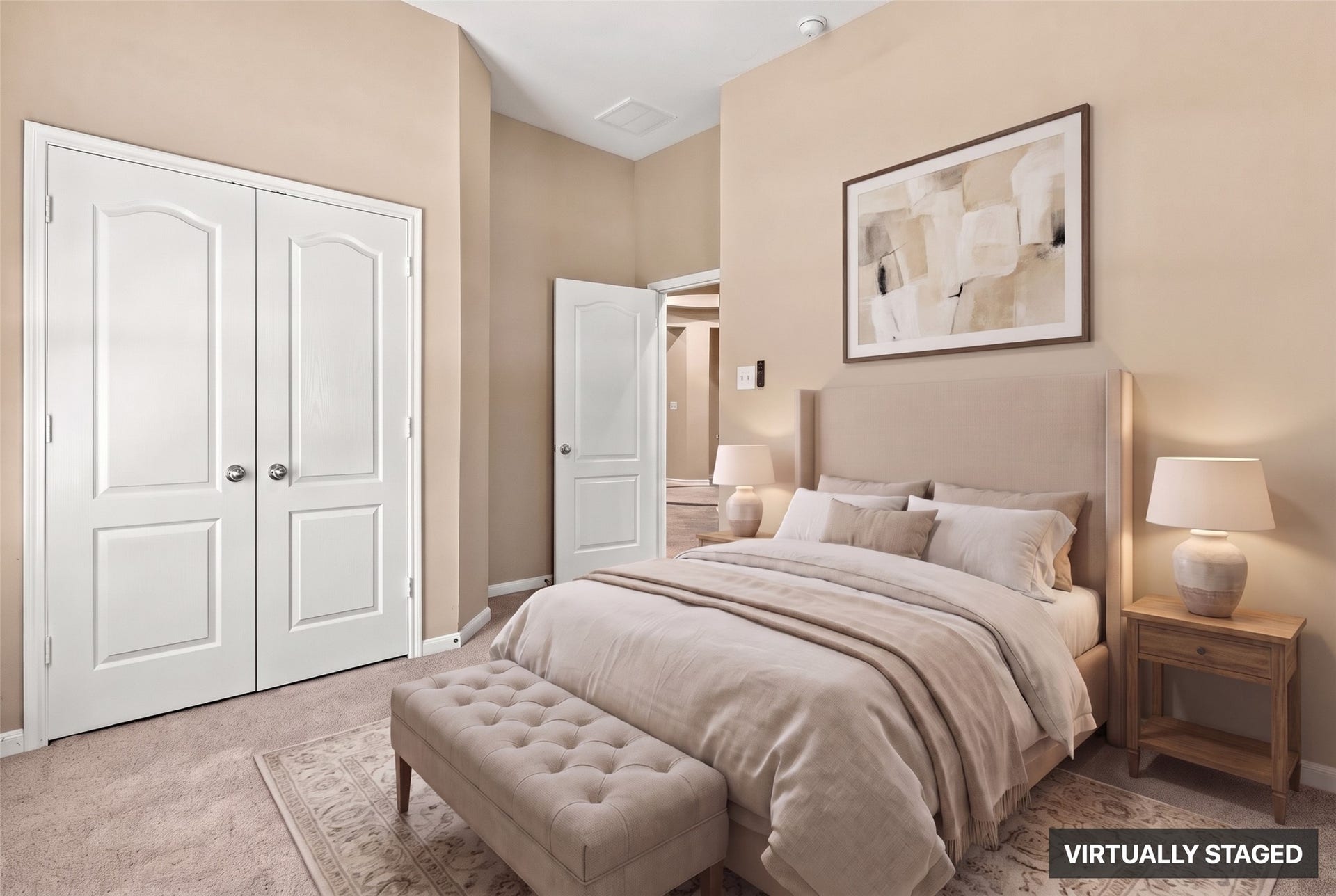 24015 Orange Orchard Lane, Katy, TX 77493 Virtually staged. A double-door closet and room for a queen bed with nightstands on either side.