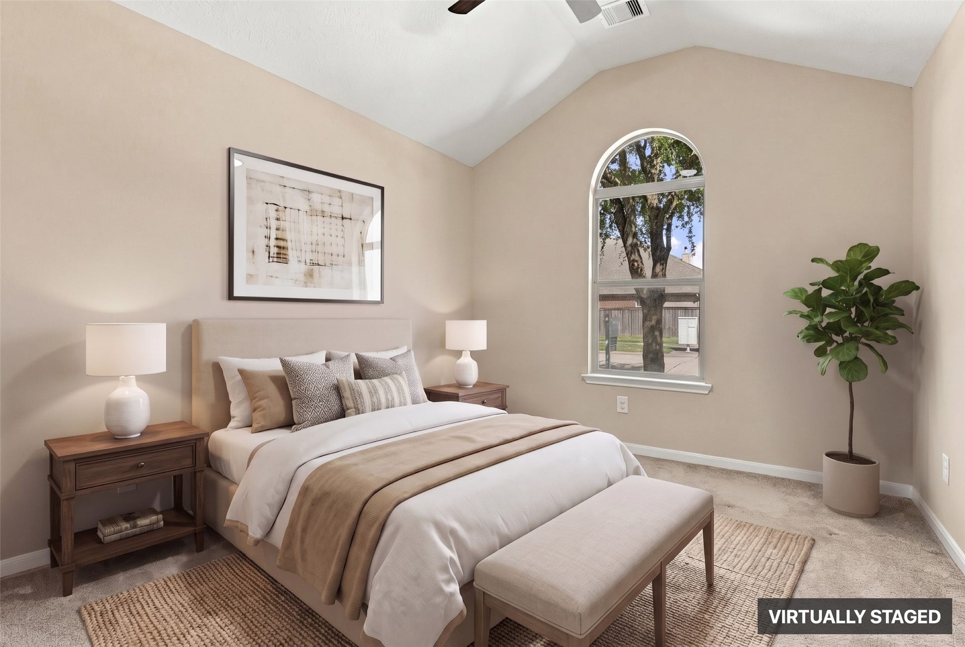 24015 Orange Orchard Lane, Katy, TX 77493 Virtually staged. An arched window looks out toward the street and the live oak, adding character to this bedroom.