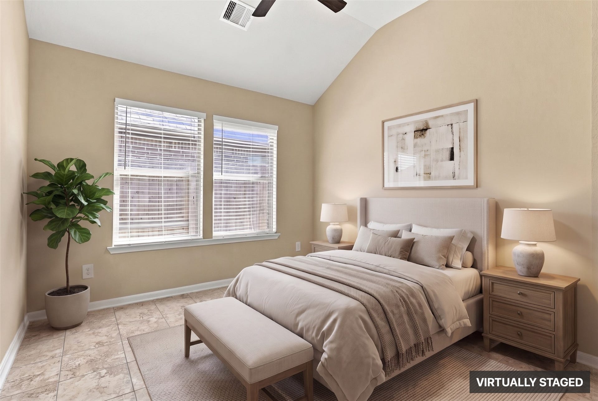 24015 Orange Orchard Lane, Katy, TX 77493 Virtually staged. A secondary bedroom with tile flooring and a high ceiling - ready as a guest room, study or home office.