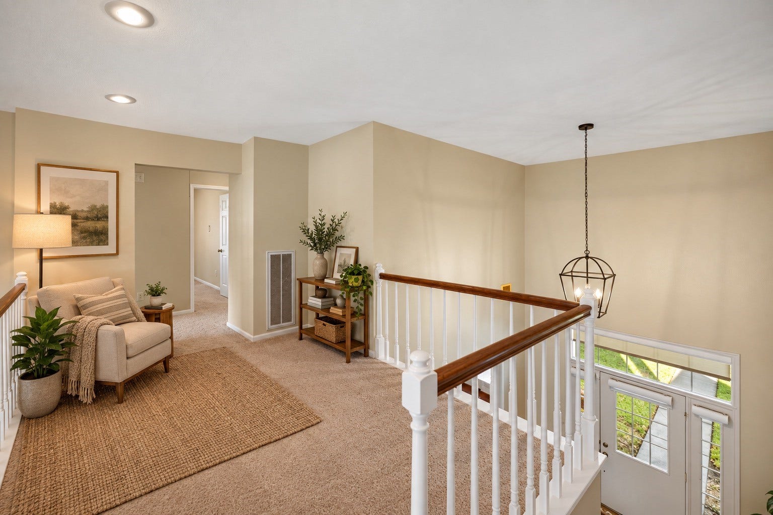 2631 Woodsboro Drive, Spring, TX 77388 Bright and inviting landing area with plush carpeting, elegant lighting, and a cozy seating nook, perfect for relaxing or reading. virtually staged