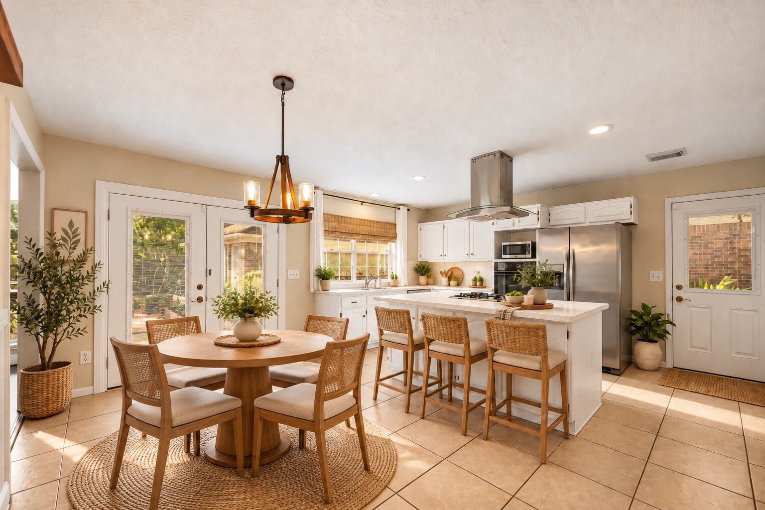 2631 Woodsboro Drive, Spring, TX 77388 Bright and inviting kitchen with a central island and a cozy dining area, perfect for entertaining and family gatherings.virtually staged