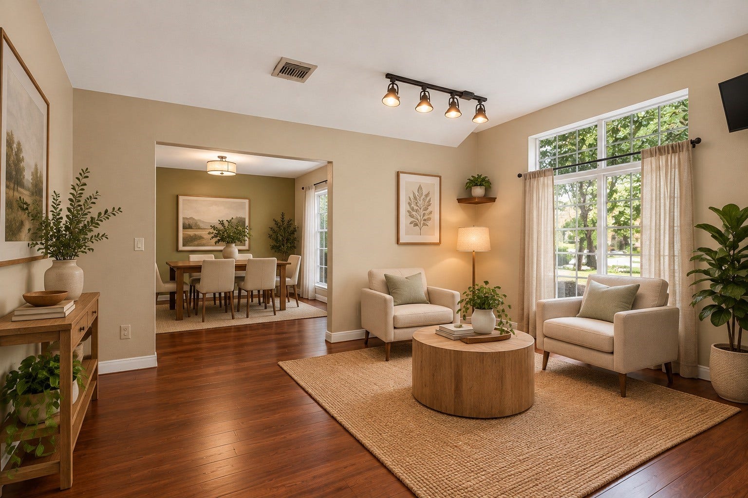 2631 Woodsboro Drive, Spring, TX 77388 Bright and inviting living space with warm wood flooring and abundant natural light, featuring a cozy seating area and seamless flow into the elegant dining room.