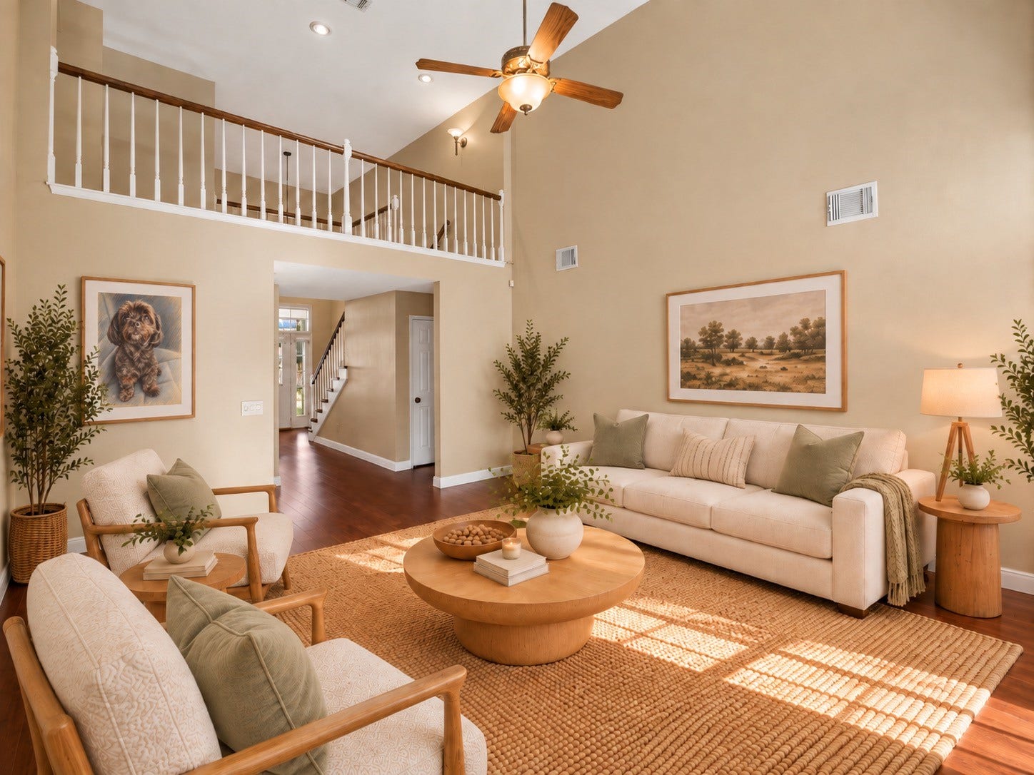 2631 Woodsboro Drive, Spring, TX 77388 Spacious and serene bedroom featuring a vaulted ceiling, large window with elegant drapes, and warm, neutral tones. Cozy seating area and abundant natural light create an inviting retreat.virtually staged