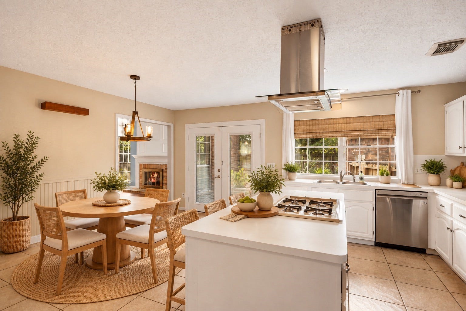 2631 Woodsboro Drive, Spring, TX 77388 Bright and inviting kitchen with a cozy dining area, featuring a central island with a gas cooktop, stainless steel appliances, and abundant natural light through large windows and French doors.