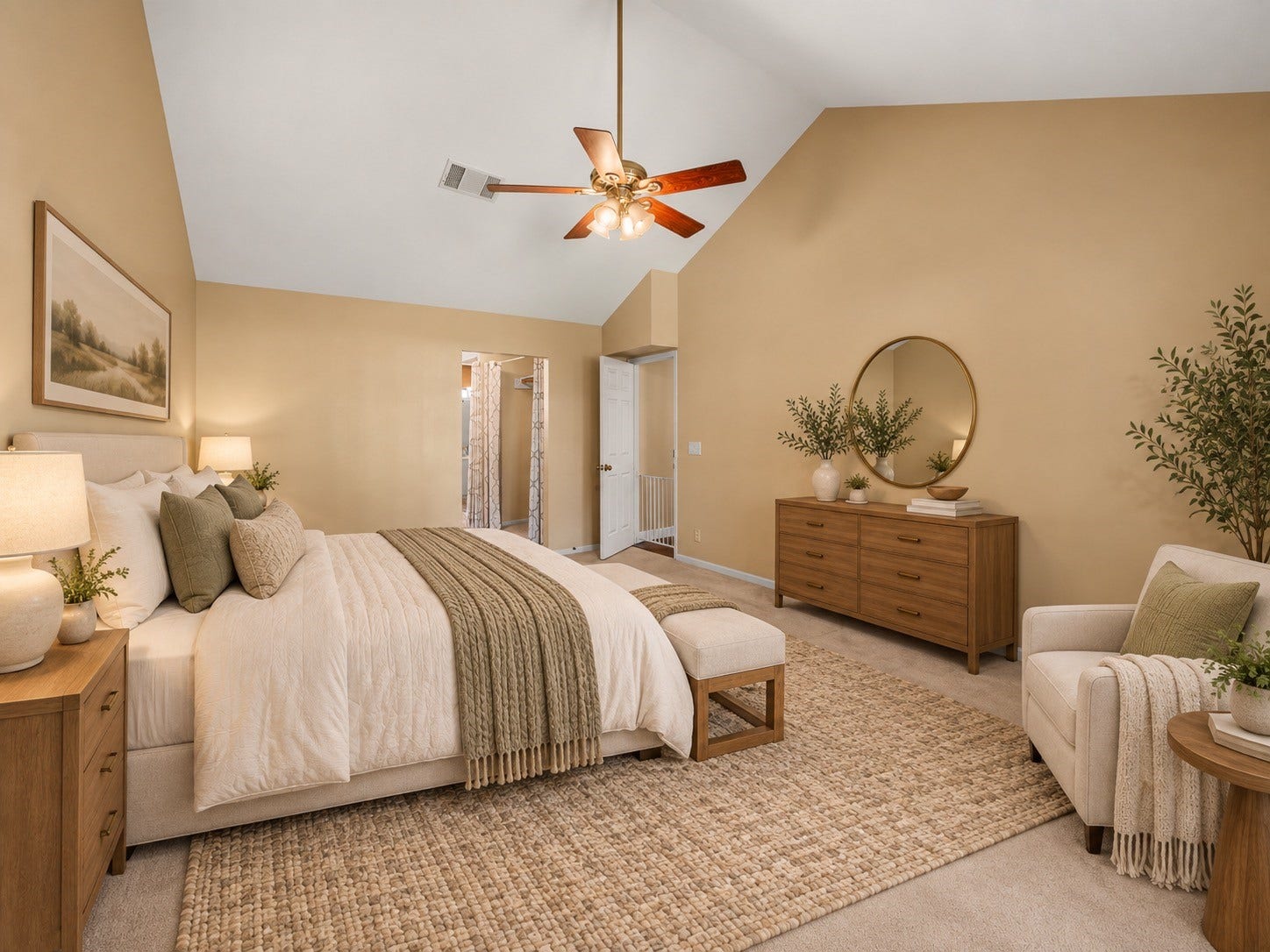 2631 Woodsboro Drive, Spring, TX 77388 Spacious and serene bedroom featuring vaulted ceilings, warm neutral tones, and elegant furnishings, creating a cozy and inviting retreat. virtually staged