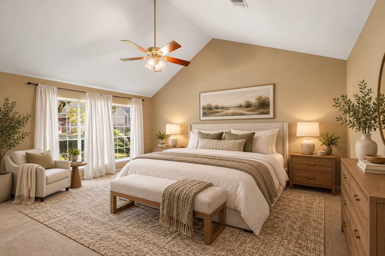 2631 Woodsboro Drive, Spring, TX 77388 Spacious and serene bedroom featuring vaulted ceilings, warm neutral tones, and elegant furnishings, creating a cozy and inviting retreat.virtually staged