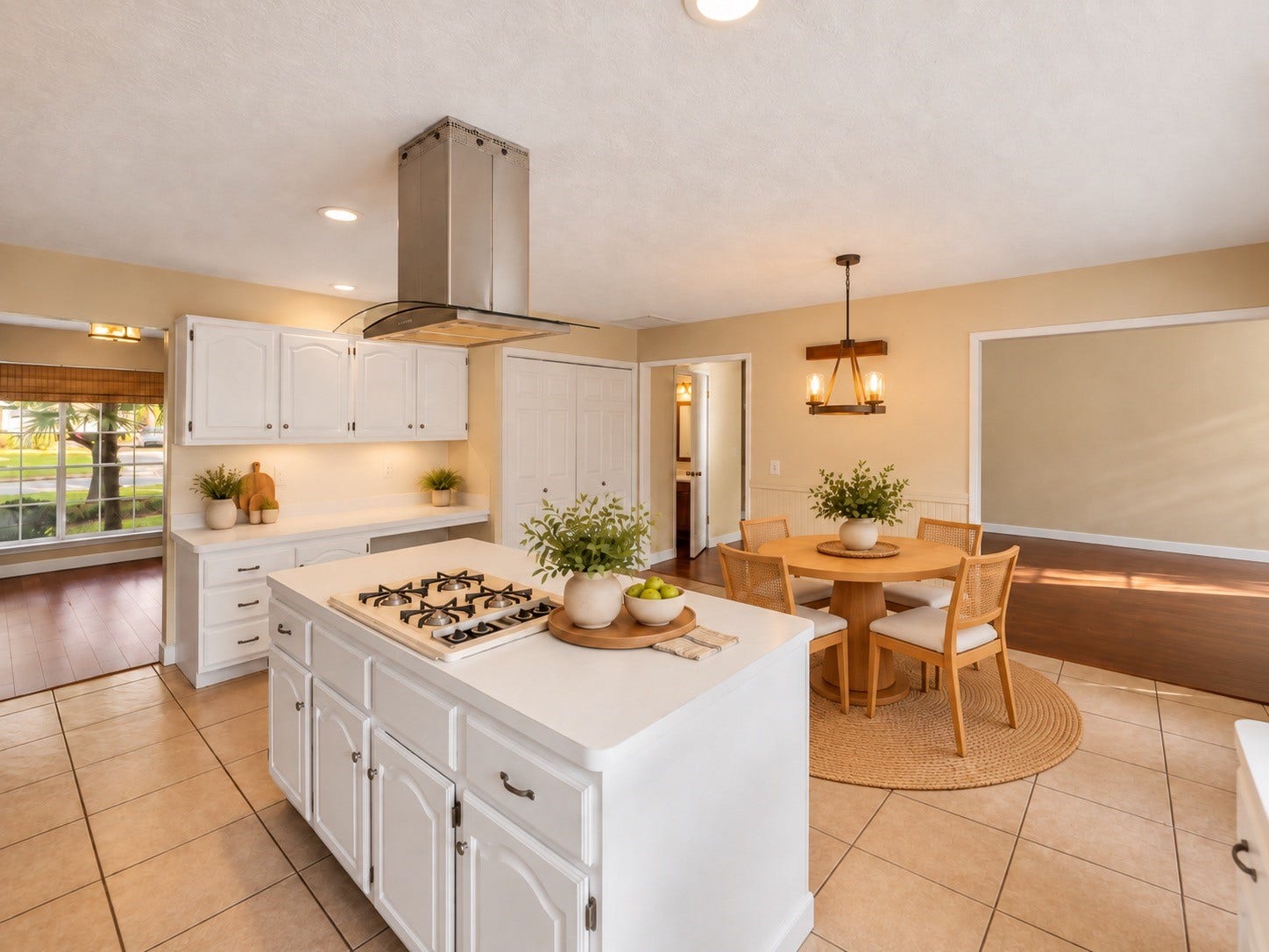 2631 Woodsboro Drive, Spring, TX 77388 Bright and airy kitchen with a central island featuring a gas cooktop and ample cabinetry. Adjacent dining area includes a stylish round table and modern lighting, all set on warm tile flooring.virtually staged