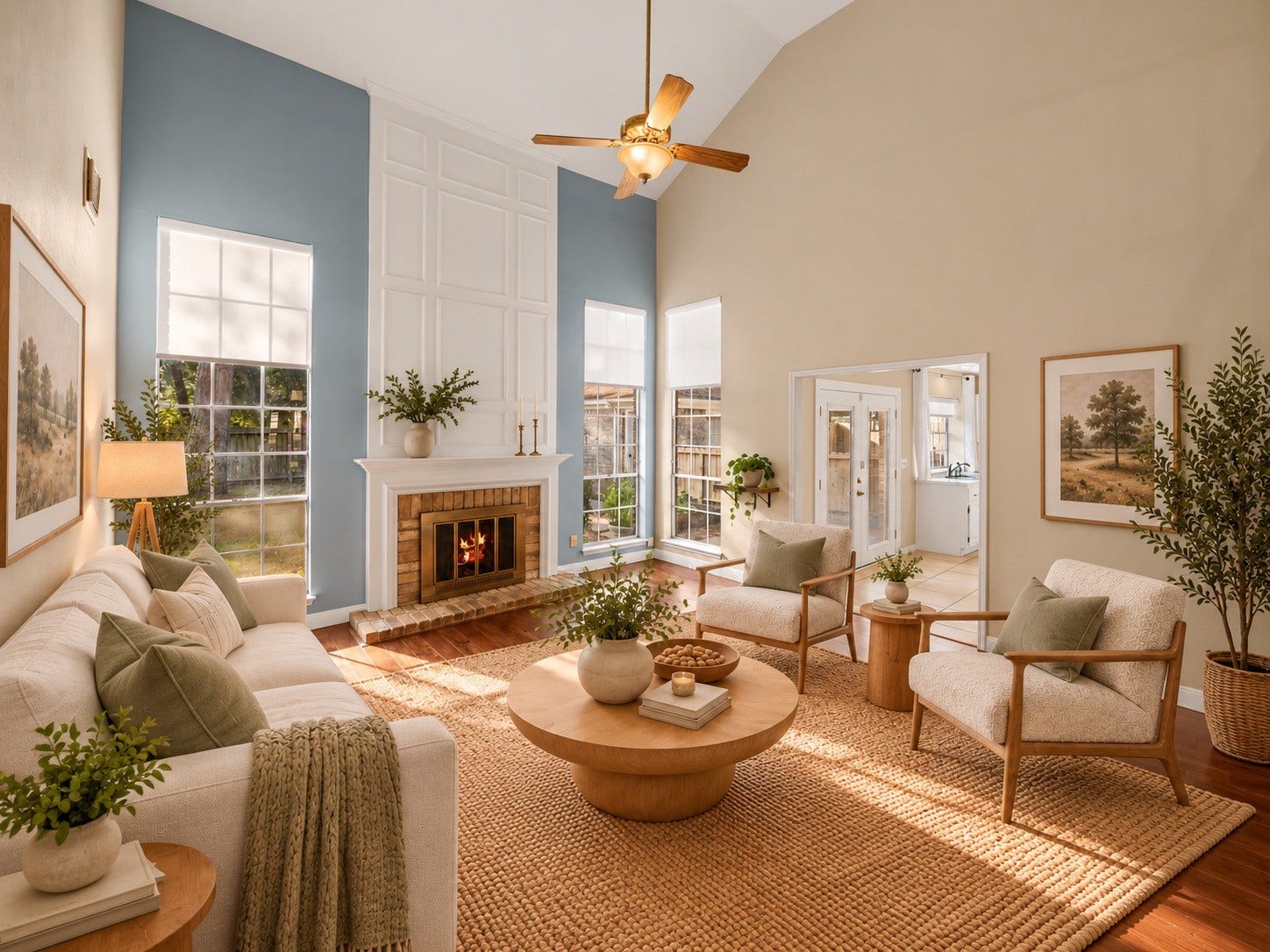 2631 Woodsboro Drive, Spring, TX 77388 Spacious living room with high ceilings, featuring a cozy fireplace, abundant natural light from tall windows, and elegant neutral decor complemented by soft green accents.virtually staged