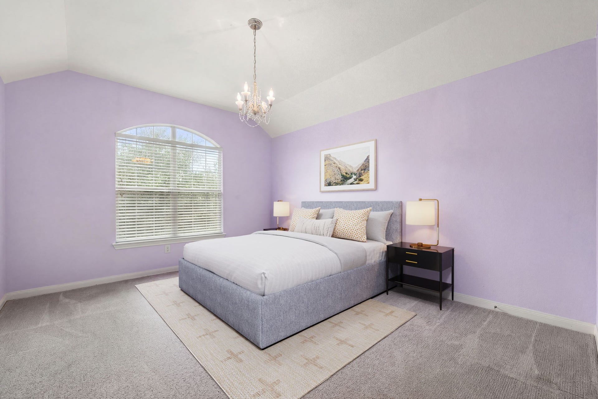 4110 Garden Cove Court, Katy, TX 77494 Painted in a soft, cheerful pastel shade, this large bedroom boasts a beautiful arched feature window that lets in plenty of natural light. High vaulted ceilings, an elegant modern chandelier, and plush carpeting make this a charming and comfortable retreat for children or guests.