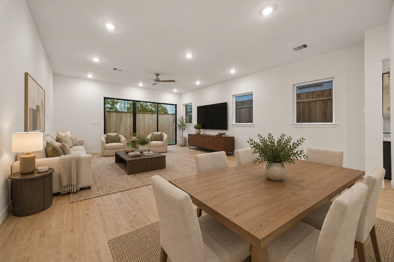 5018 Schuler Street, Houston, TX 77007 Digitally staged open-concept living and dining area showcasing a spacious layout, modern finishes, and an inviting space for entertaining.