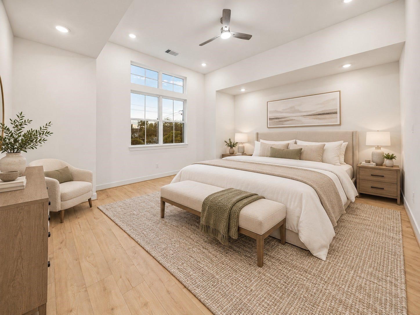 5018 Schuler Street, Houston, TX 77007 Digitally staged spacious primary suite featuring high ceilings, oversized windows, and plenty of room for a king-sized bed and additional furniture.
