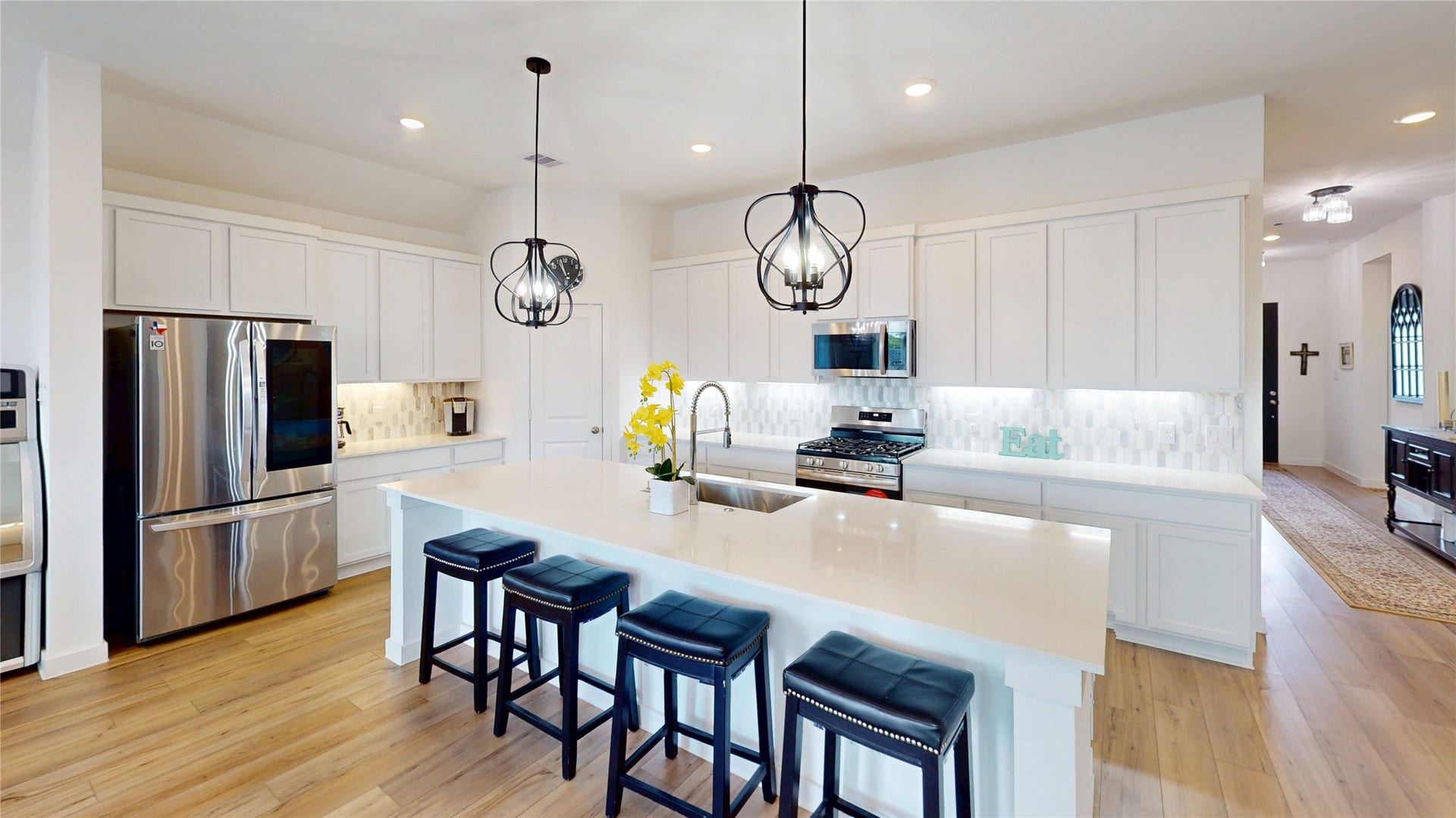 Upgraded Pendant Lighting, Quartz Counters, Breakfast Bar