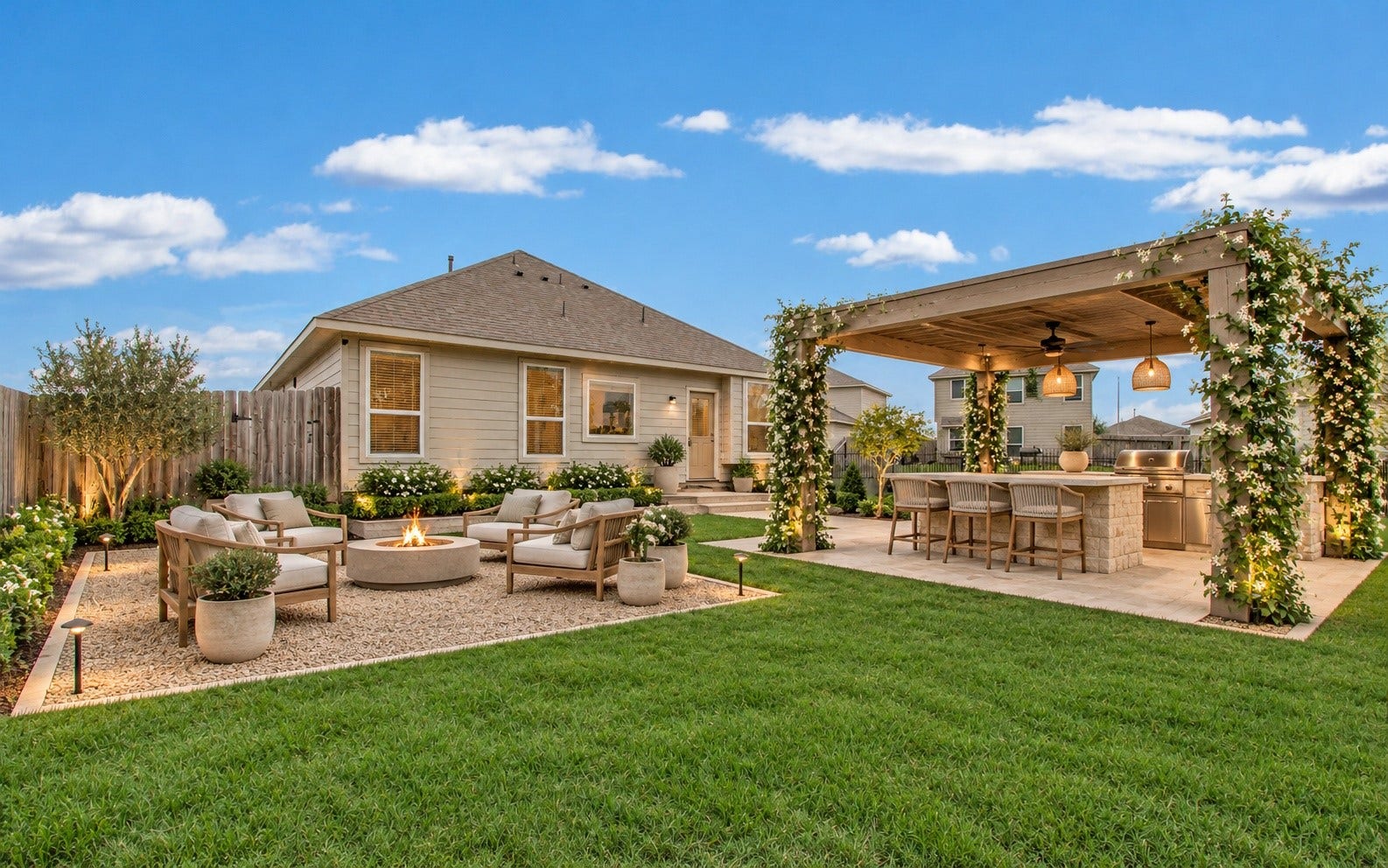 3403 Brazos Falls Dr, Richmond, TX 77469 Virtually staged to show potential: imagine a covered pergola, outdoor kitchen and fire pit seating area.