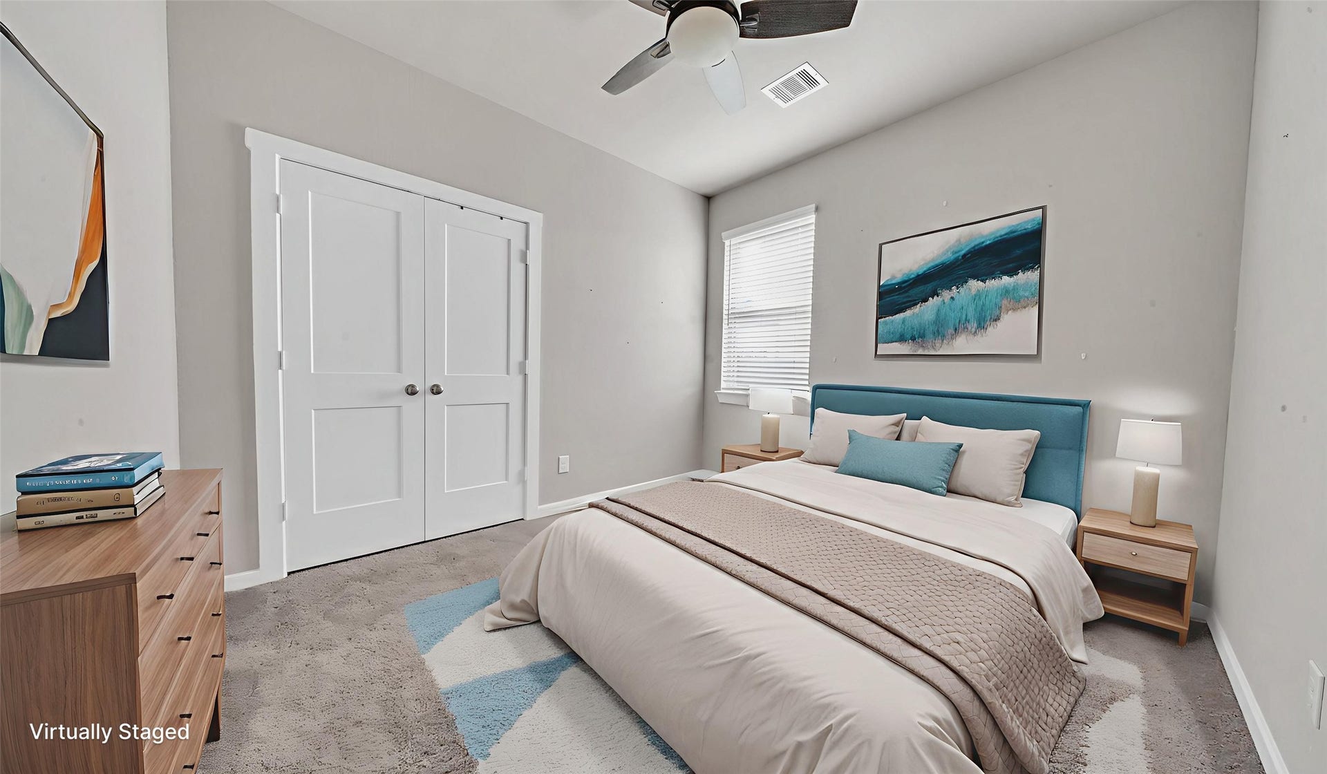 6123 Dovetail Cliff Court, Katy, TX 77493 Bright secondary bedroom virtually staged to show layout potential, featuring a large closet and neutral tones.