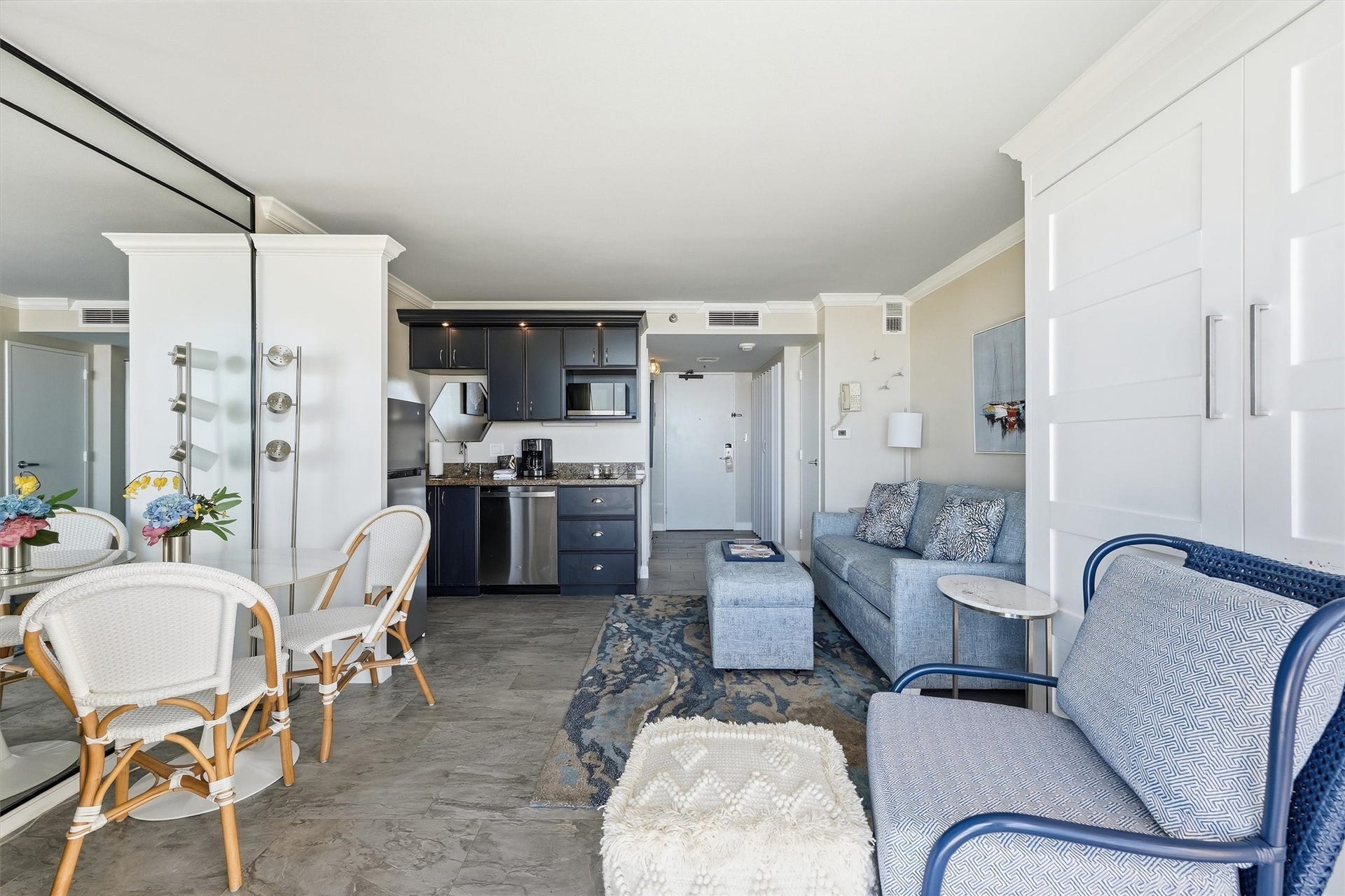 5220 Seawall Boulevard, #1038B, Galveston, TX 77551 This open layout makes the most of the space, connecting the living, dining, and kitchen areas.