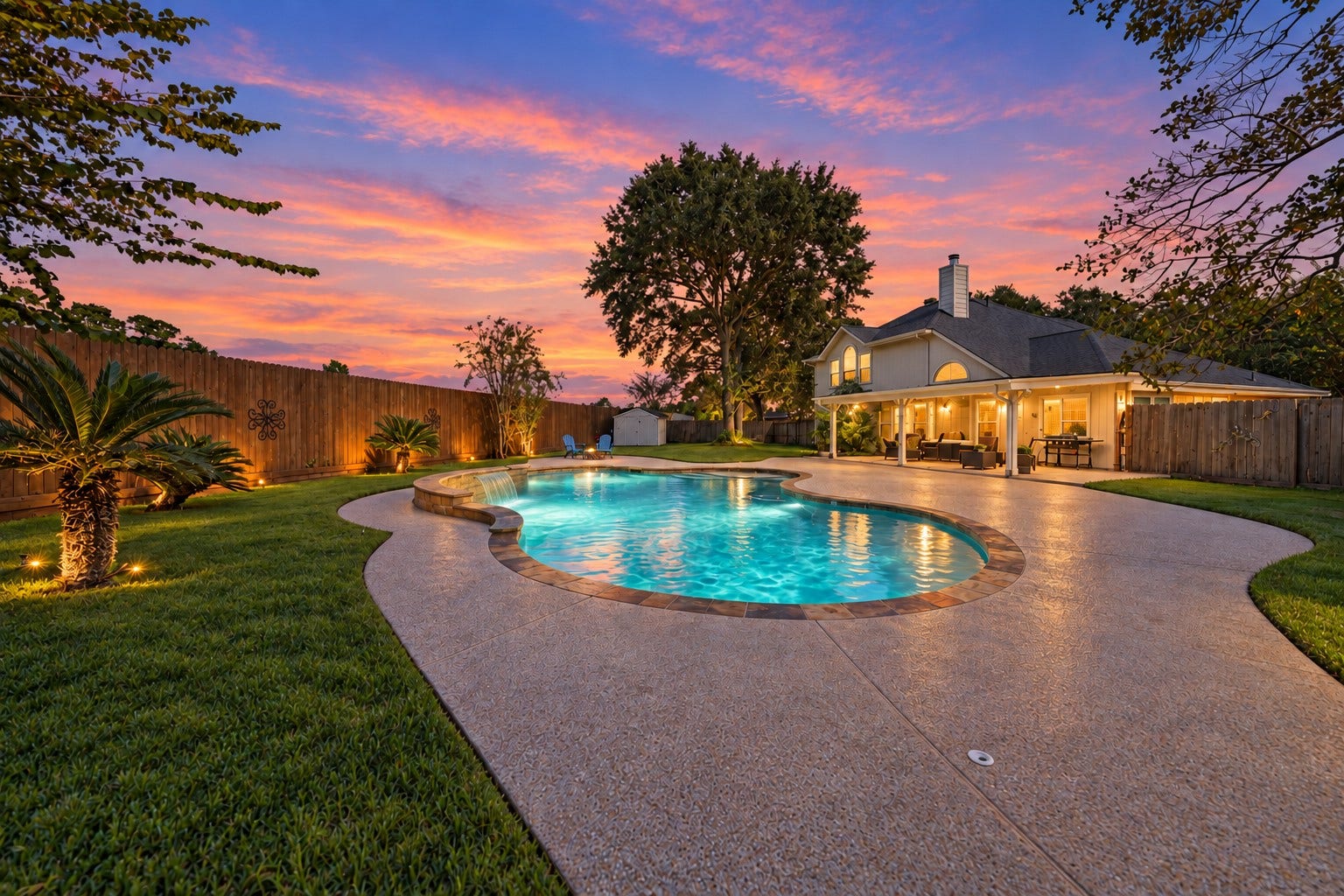 1806 Kensington Park Circle, Spring, TX 77386 Shimmering backyard pool at golden sunset.