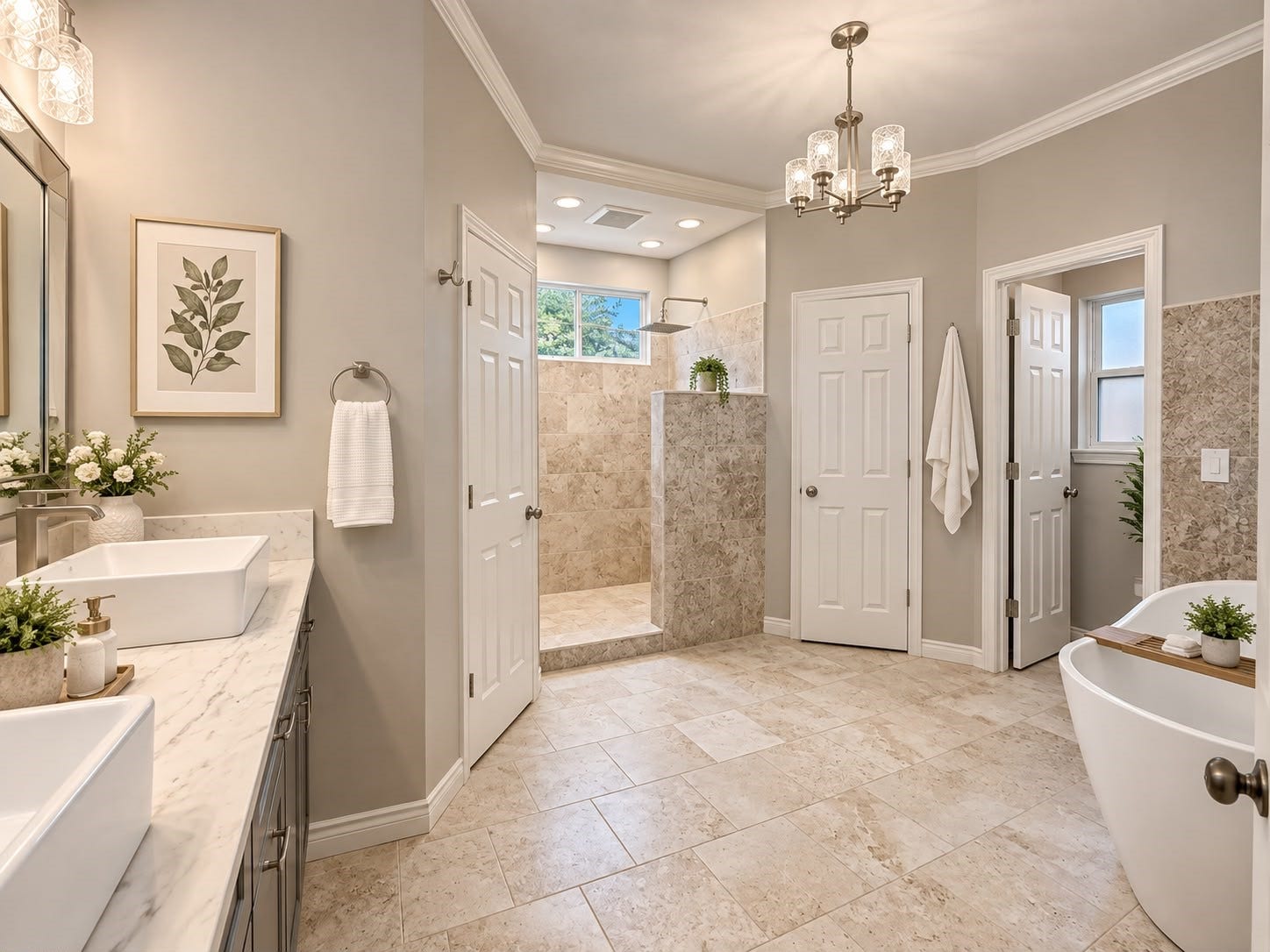 1430 Stependale Drive, Katy, TX 77450 Contemporary bathroom with dual vessel sinks, a teal vanity, elegant mirrors, and a spacious walk-in shower.