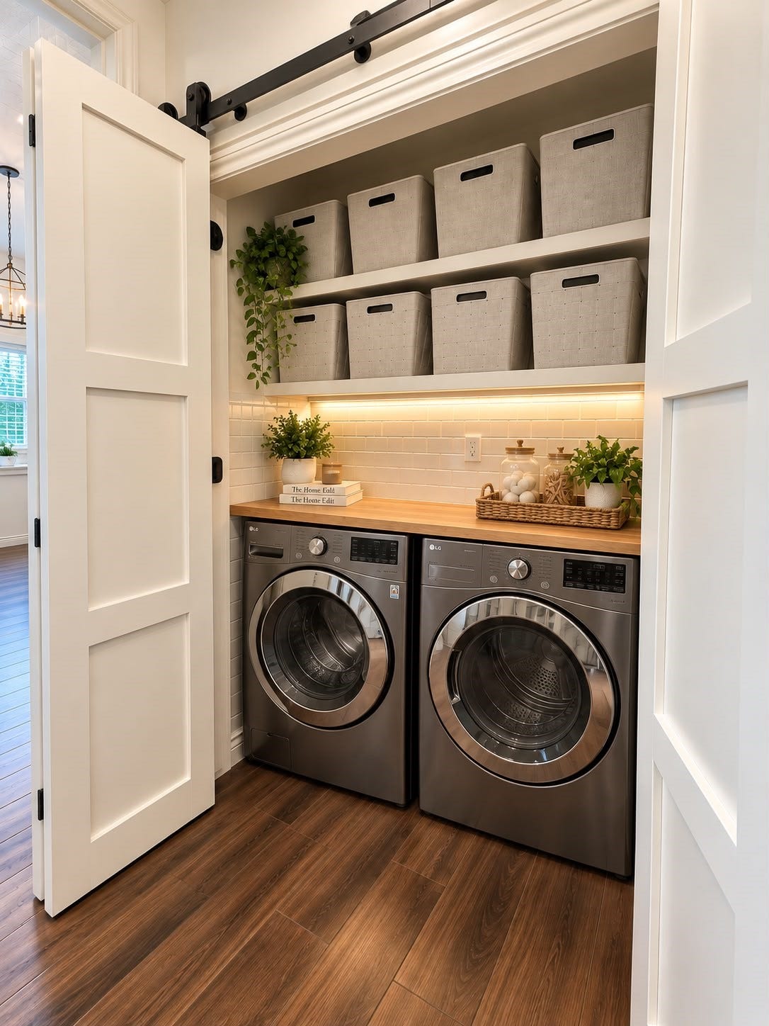 1430 Stependale Drive, Katy, TX 77450 Convenient laundry space featuring front-loading washer and dryer, built-in shelving, and organized storage.