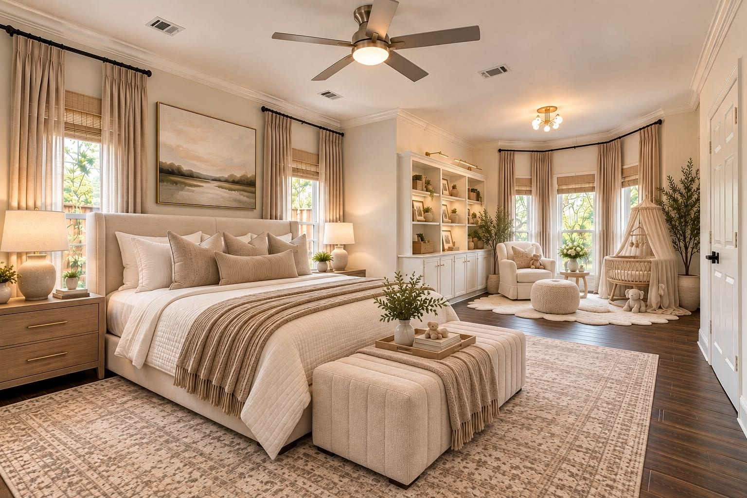 1430 Stependale Drive, Katy, TX 77450 Beautifully staged primary bedroom featuring a charming nursery area, cozy seating, neutral dcor, built-in shelving, and abundant natural light.