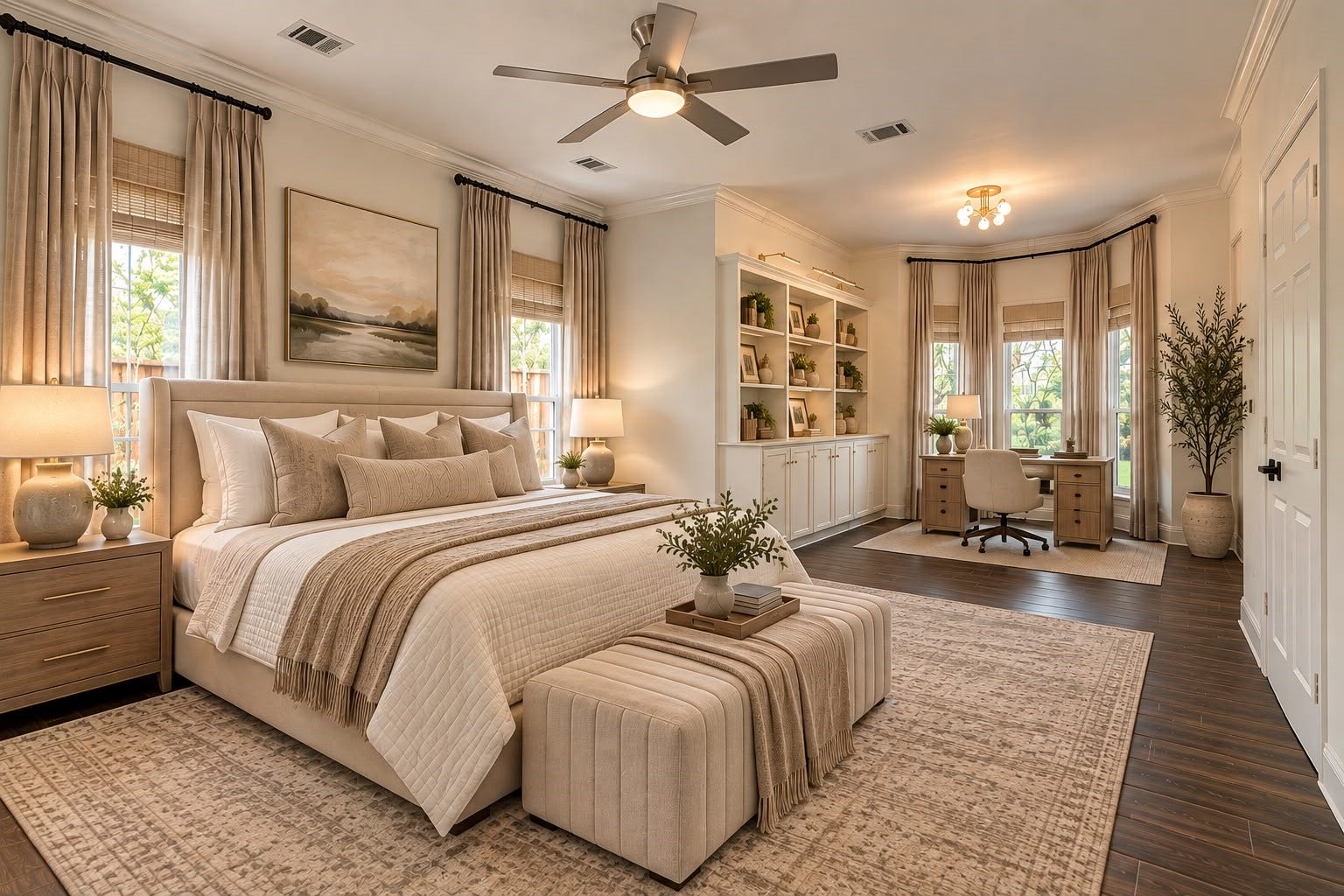 1430 Stependale Drive, Katy, TX 77450 Bright primary bedroom featuring a dedicated workspace, built-in cabinetry and shelving, large windows, and rich wood flooring.