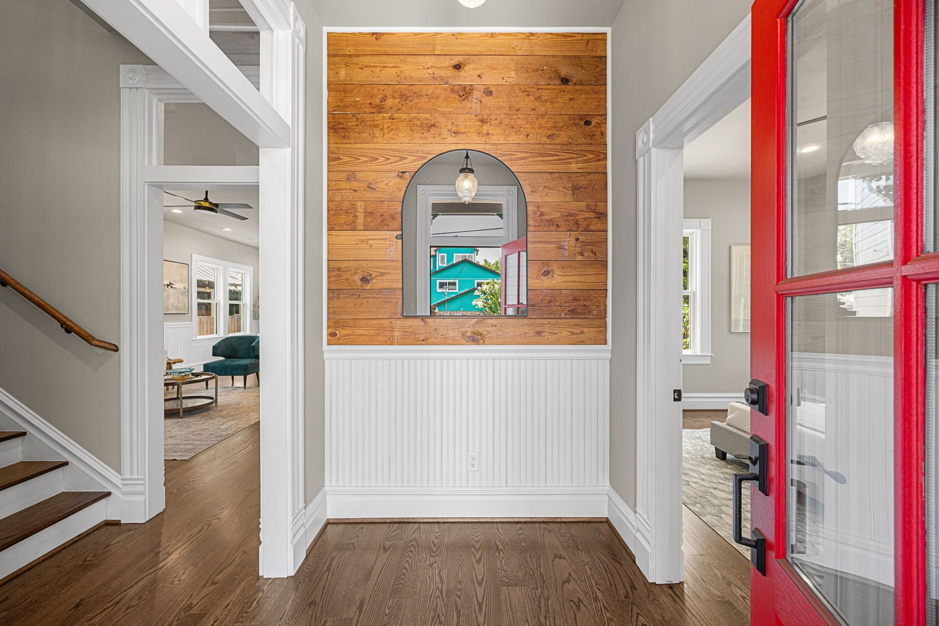 Ovid offers the ideal blend of new construction with historic accents such as this shiplap wall in the entry.