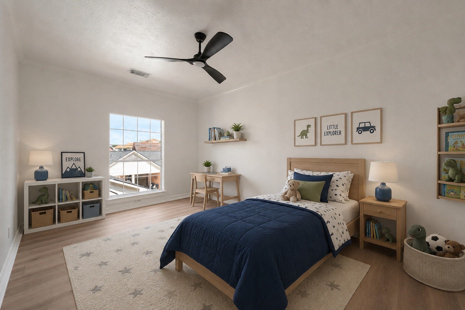 Spacious secondary bedrooms offer flexible layouts suitable for guests, workspace needs, or additional living use. Large windows overlook the surrounding property while bringing natural brightness into the rooms. Updated finishes and modern lighting continue throughout the second floor. (digitally staged)