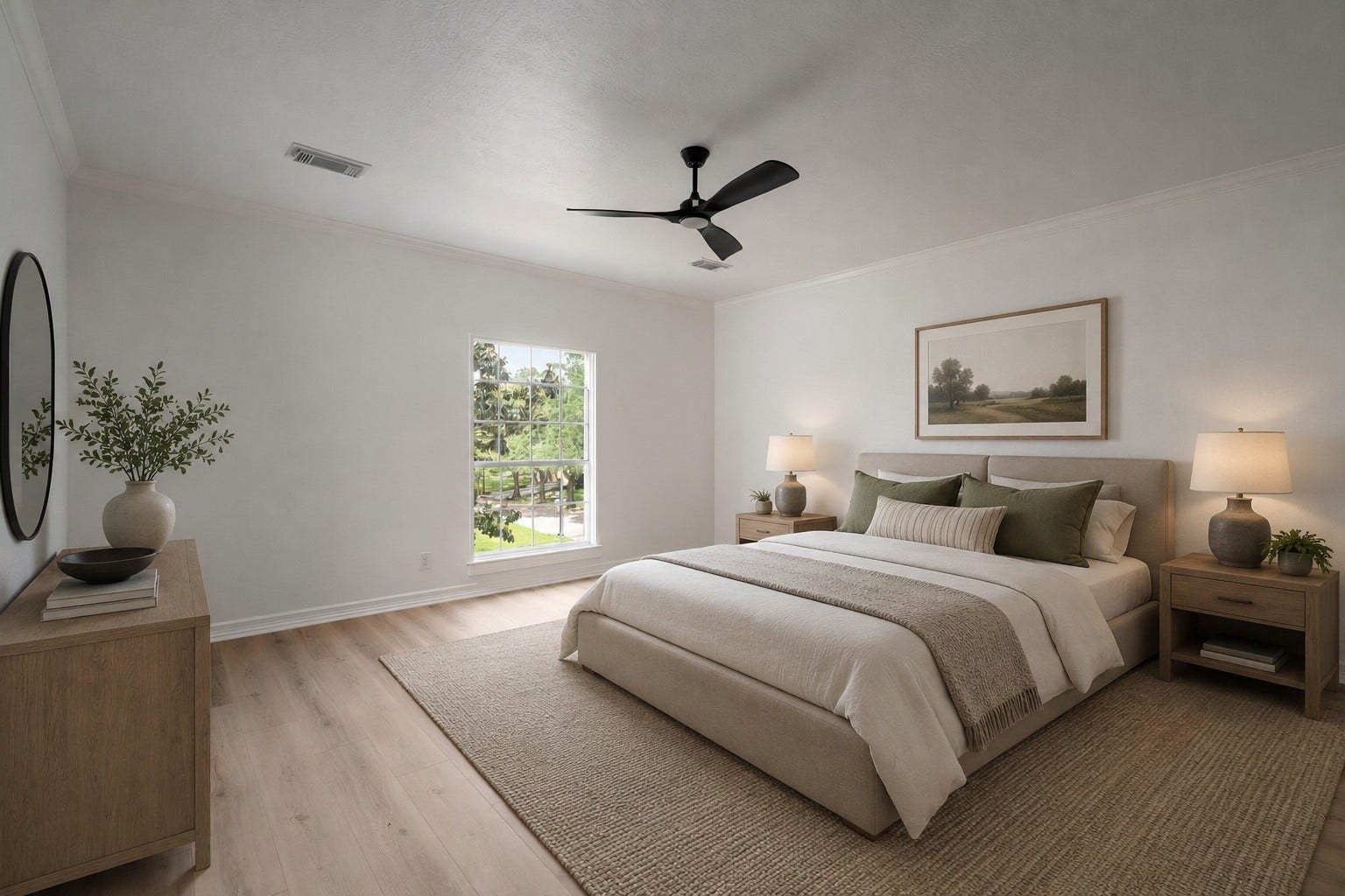 Secondary bedrooms feature generous layouts, oversized windows, and neutral finishes designed to complement a variety of furniture styles. Contemporary ceiling fans and updated materials continue throughout the second level. The upstairs layout provides additional privacy from the primary suite below. (digitally staged)