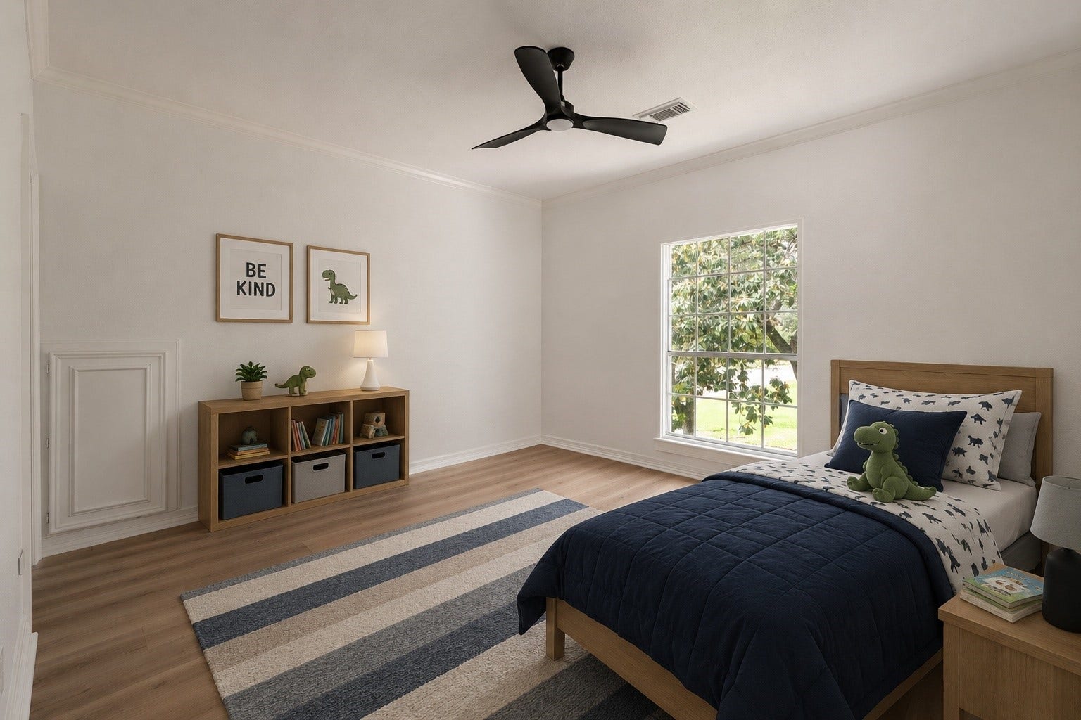 Additional secondary bedrooms feature neutral tones, updated flooring, and functional layouts designed for long-term flexibility. Oversized windows and contemporary ceiling fans contribute to the rooms clean and comfortable presentation. Positioned upstairs, the spaces remain separated from the primary suite. (digitally staged)
