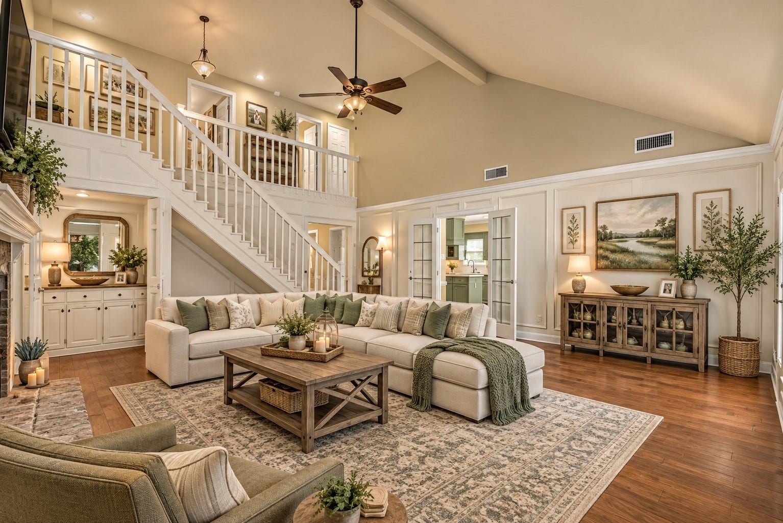 Open living area with high ceilings AI virtually staged