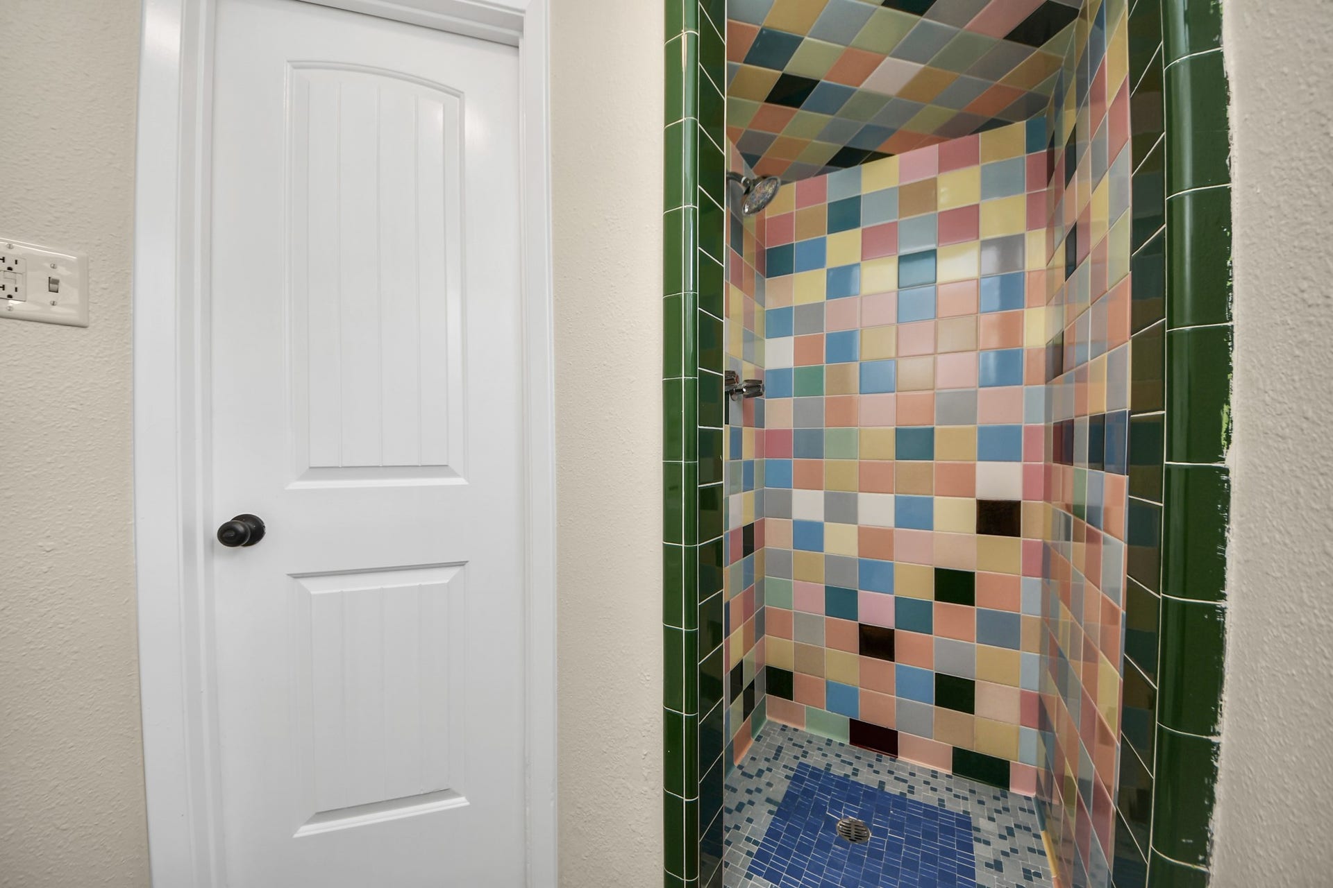 Bathroom features a beautiful shower with unique artistic design.