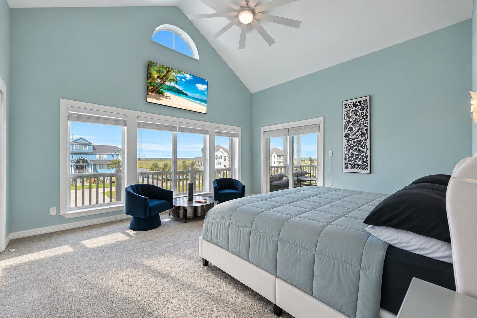 12 Fleming, Hitchcock, TX 77563 Imagine waking up every morning in a fully custom primary suite with water views from not one but two private balconies. Natural light fills the room from multiple directions, the canal is right outside your door, and everything surrounding you the flooring, the paint, the fixtures, the finishes is updated and built to a luxury standard. This is not just a bedroom. This is the reason you buy a waterfront home.