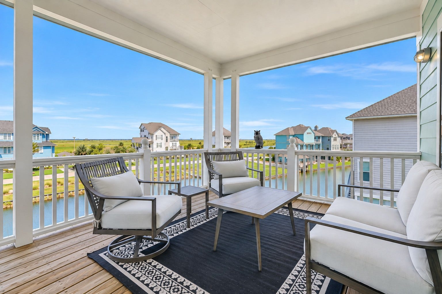 12 Fleming, Hitchcock, TX 77563 This is what waterfront living actually looks like. Step out from almost any room in the home and you are on a private balcony with water views, fresh salt air, and the kind of quiet that only comes from being right on the canal. Five decks. One incredible lifestyle. Welcome to 12 Fleming.
