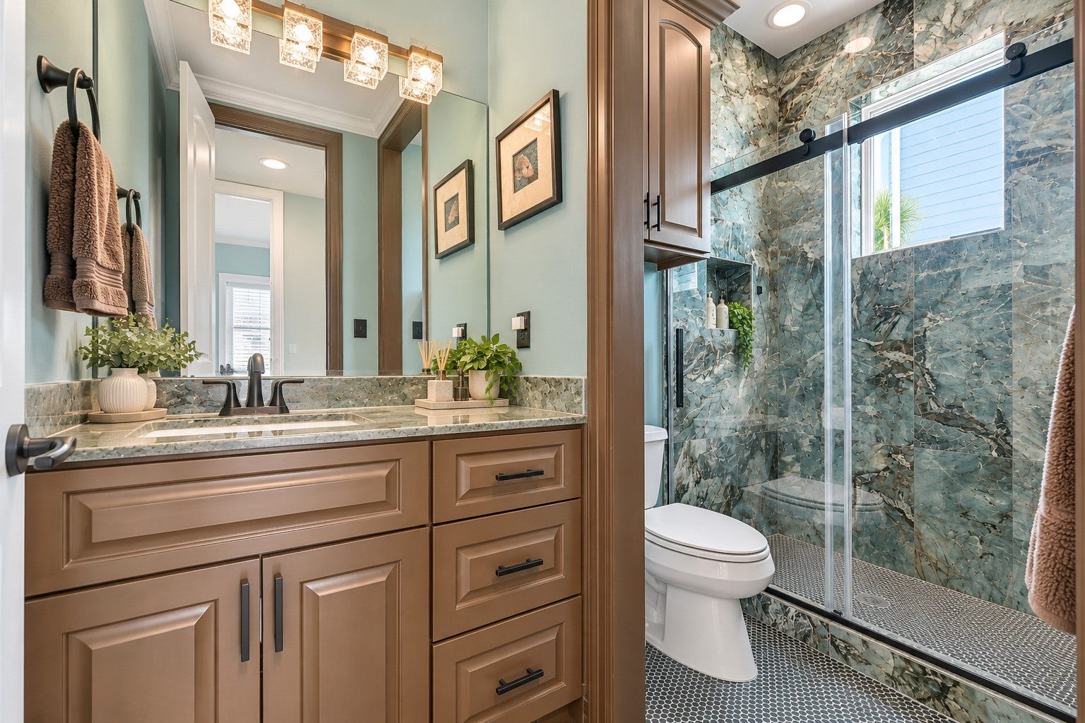 12 Fleming, Hitchcock, TX 77563 Crisp, clean, and completely updated. The main level guest bath features custom tile work, updated fixtures, and the same attention to detail that defines every space in this home. Every guest who stays here will feel like they are in a boutique hotel.
