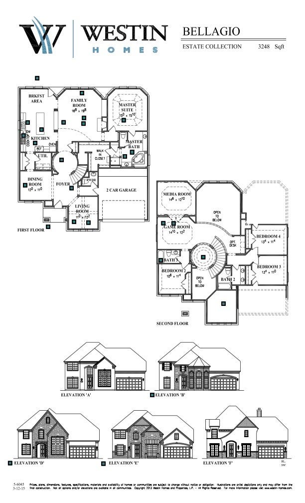 The Westin Homes Bellagio floor plan offers a spacious 3,248 sq ft layout with a two-story design. The first floor features a master suite, family room, kitchen, dining, living room, and a two-car garage. The second floor includes three bedrooms, a media room, game room, and additional bathrooms. Multiple exterior elevations are available for varied curb appeal.
