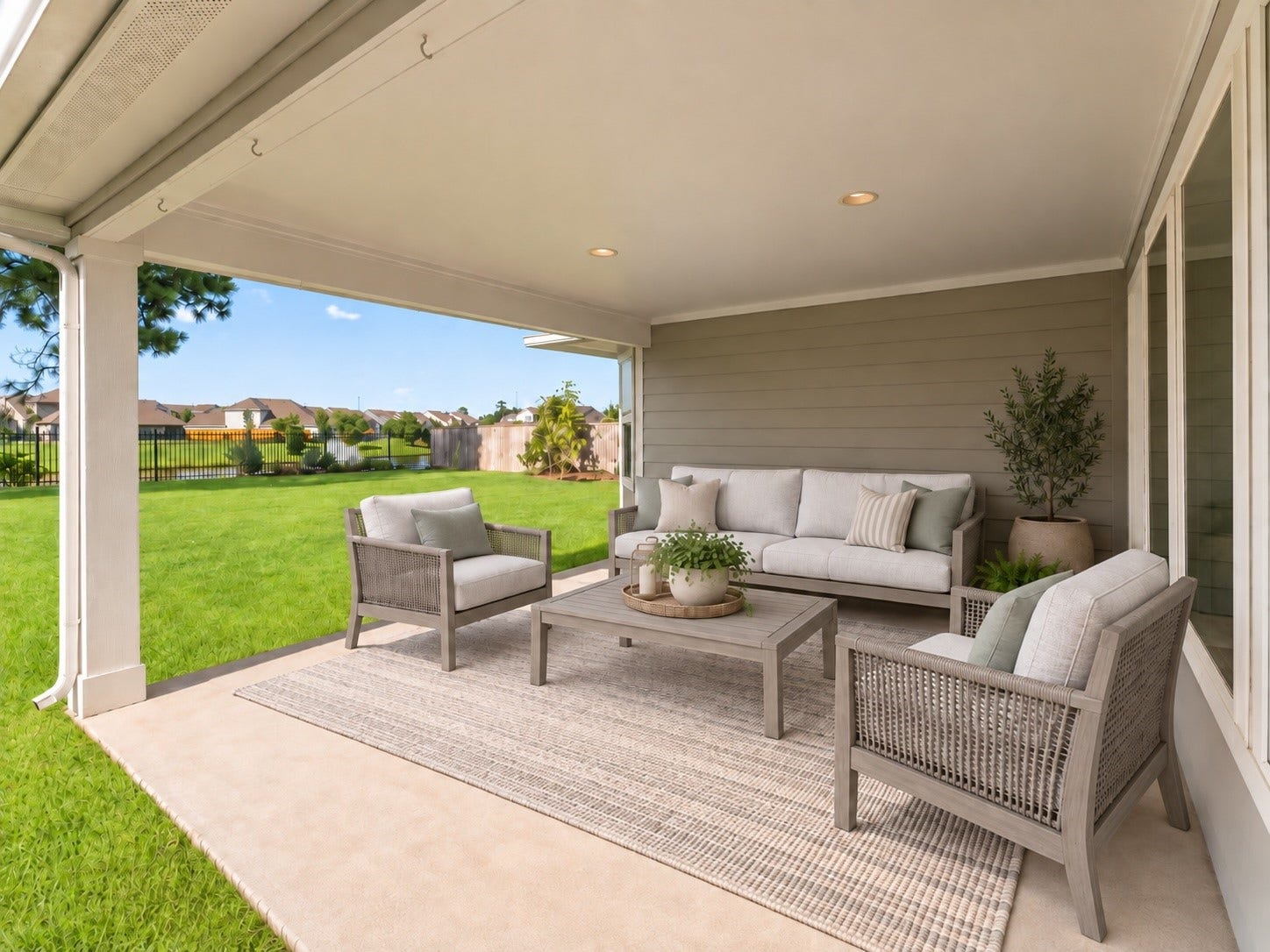 2125 Rope Maker Drive, Conroe, TX 77384 Virtually Staged. Covered patio, perfect for outdoor living, that flows to the wide open back yard.