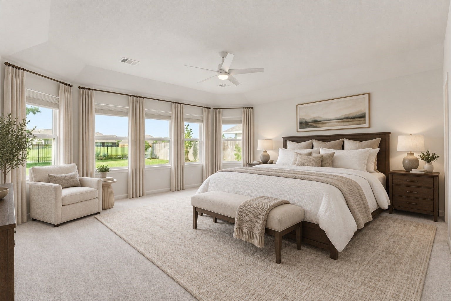 2125 Rope Maker Drive, Conroe, TX 77384 Virtually Staged. Oversized primary bedroom with plenty of large windows. Great natural light and view of the beautiful pond!